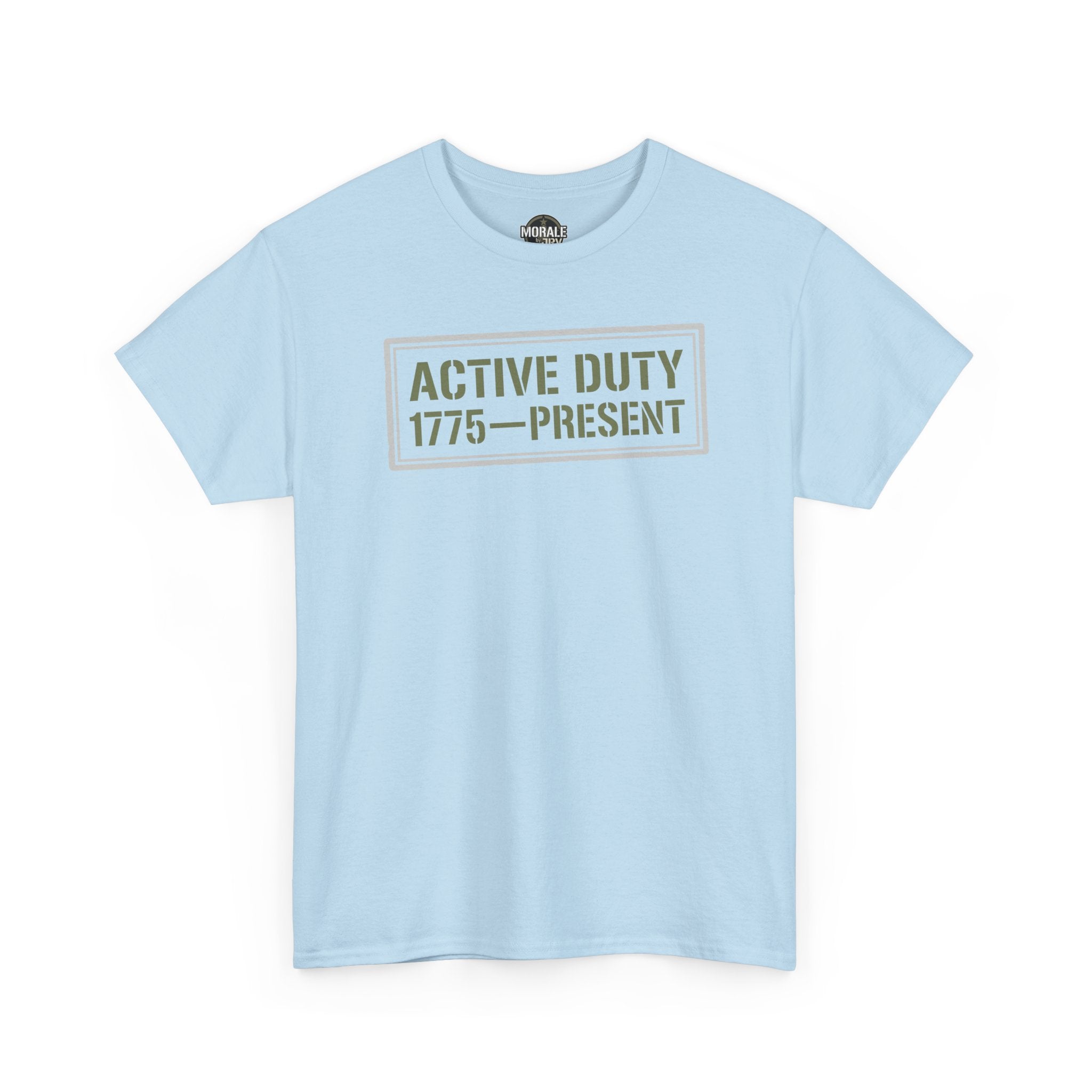 Light blue crewneck t-shirt with "Active Duty 1775–Present" graphic front