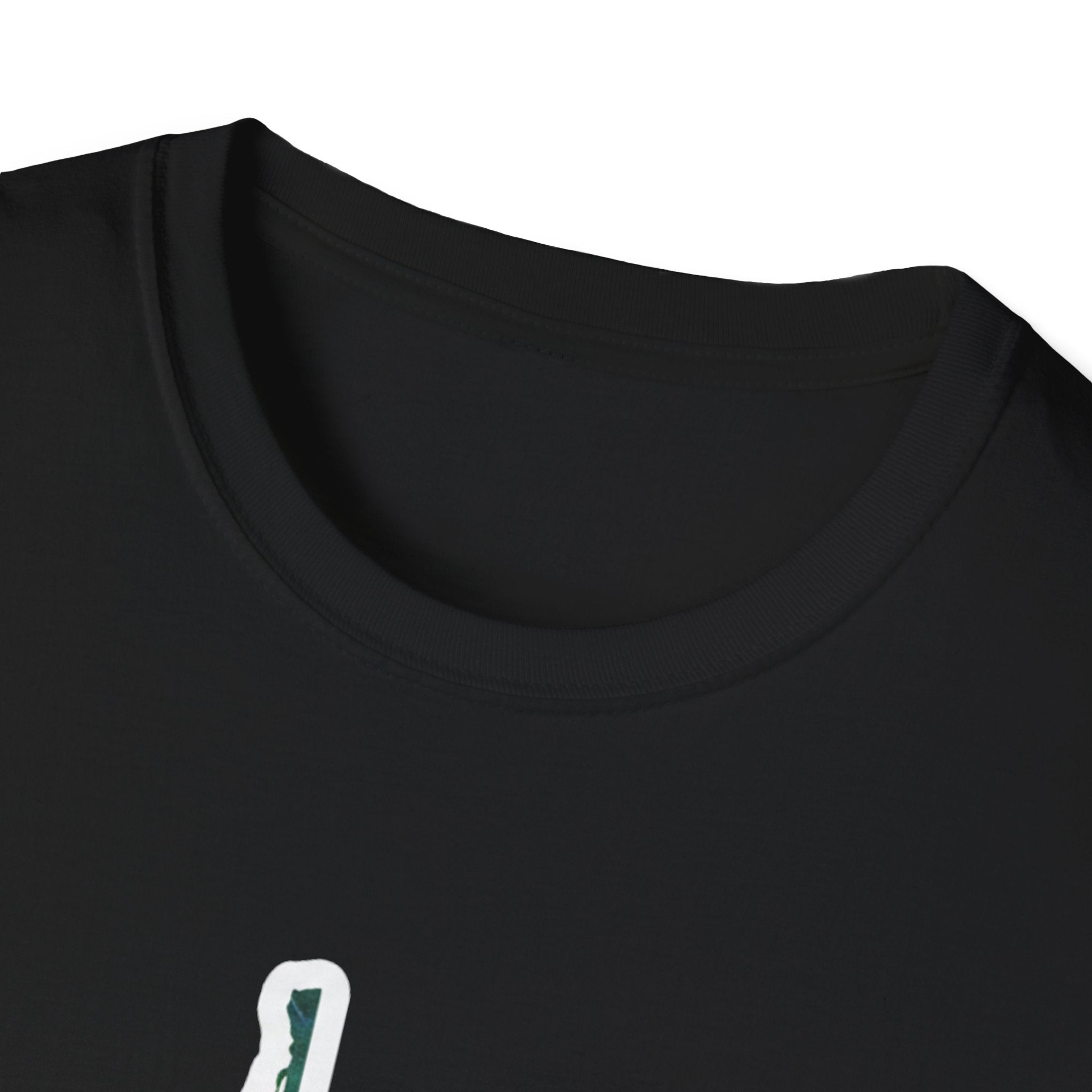 Black West Virginia map T-shirt neckline close-up