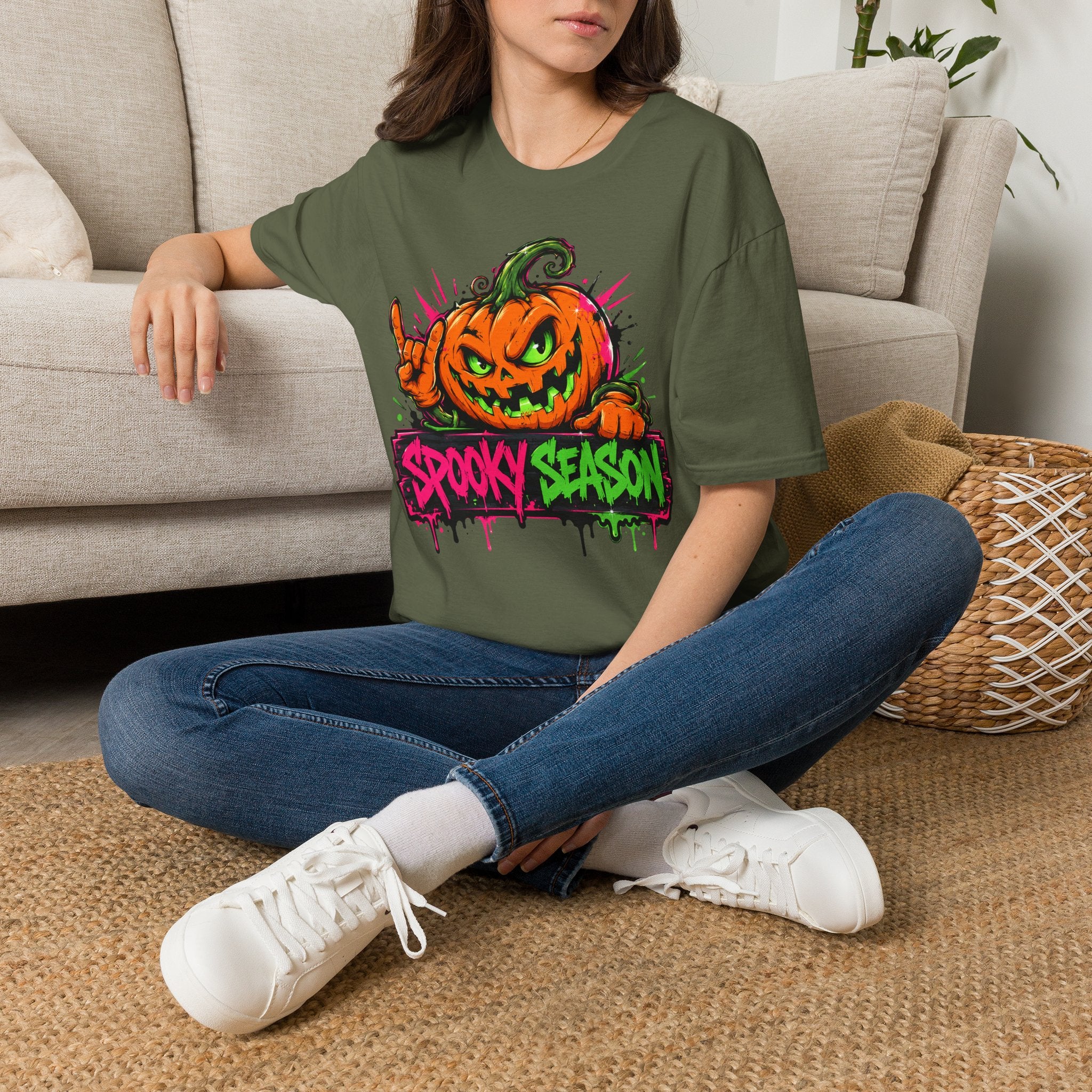 Olive green T-shirt with colorful jack-o-lantern "Spooky Season" front graphic