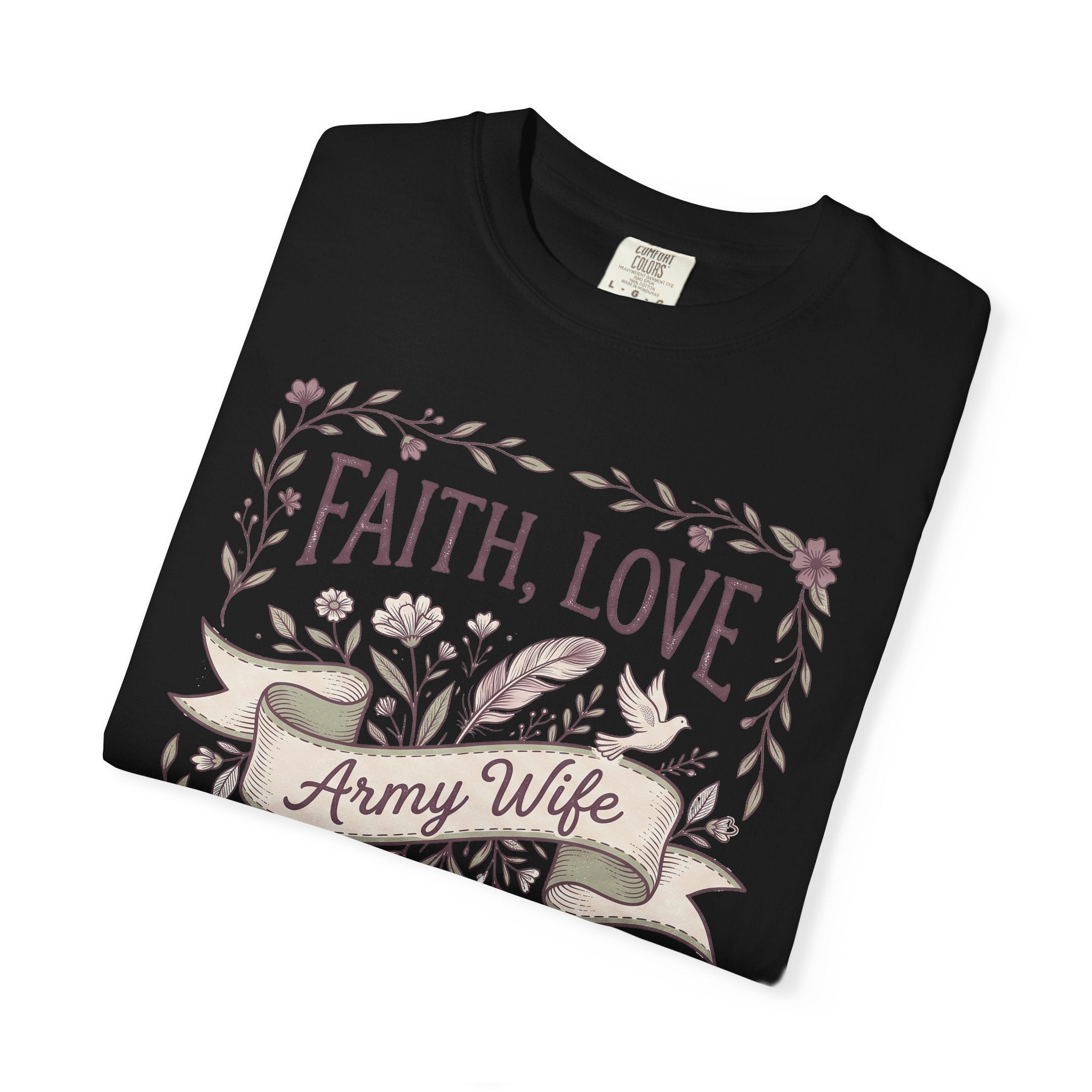 Black crewneck T-shirt with floral wreath 'Faith, Love' and 'Army Wife' ribbon graphic