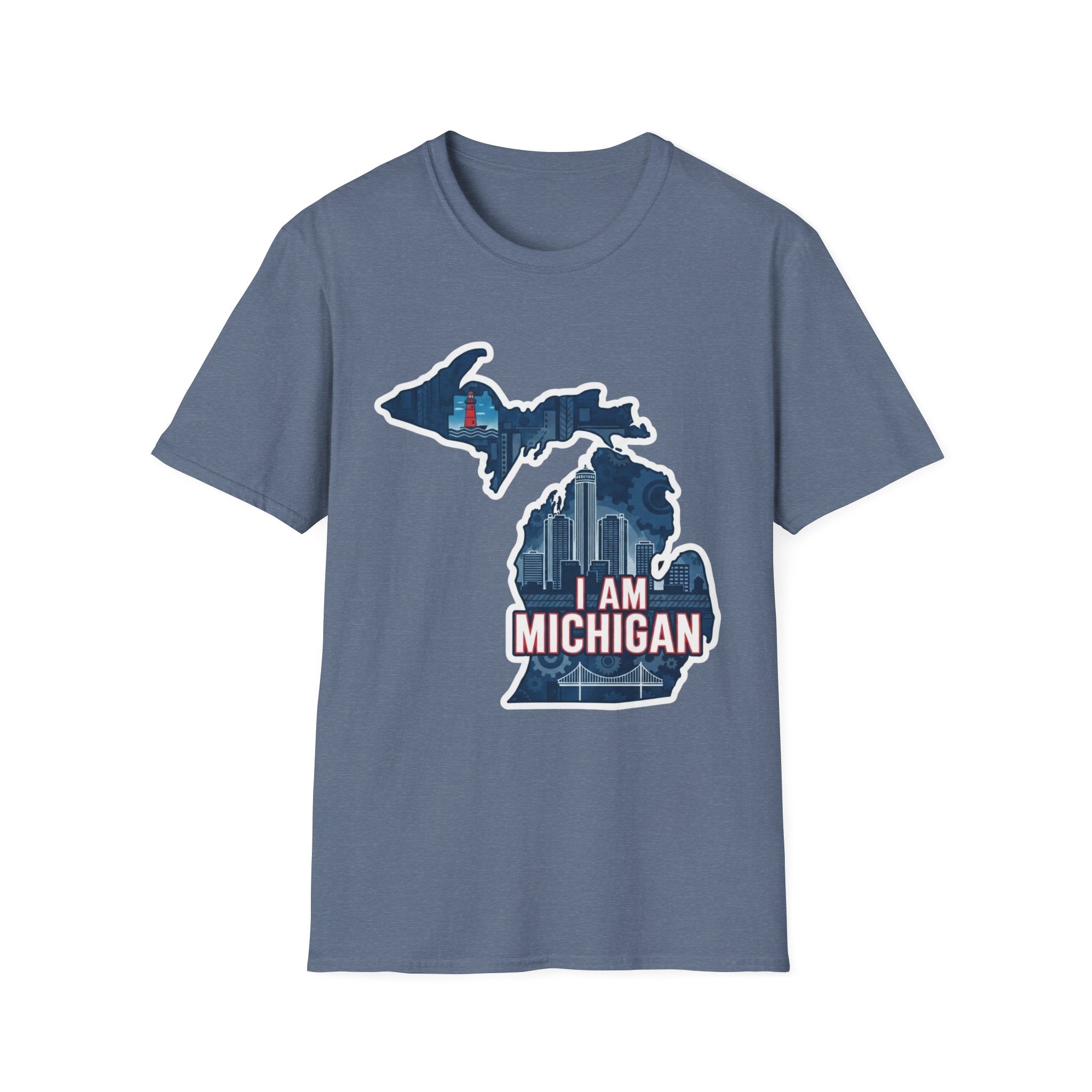 I Am Michigan T-shirt, slate blue crew neck with Michigan map skyline graphic