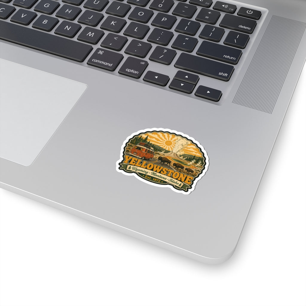 Yellowstone sticker with vintage bus and bison graphic, round white border