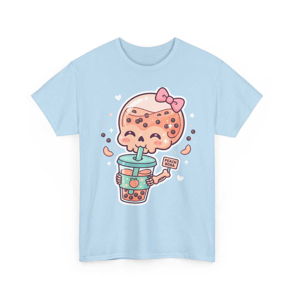 Light blue boba tea skull graphic T-shirt, peach boba cup skull with bow