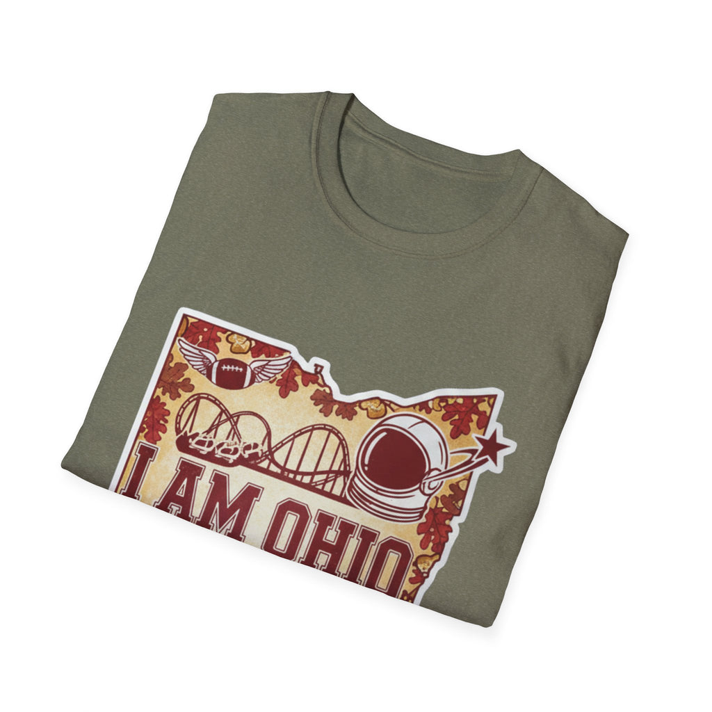 Ohio Grafik-T-Shirt, olivgrün mit „I AM OHIO“-Landmarken-Outline