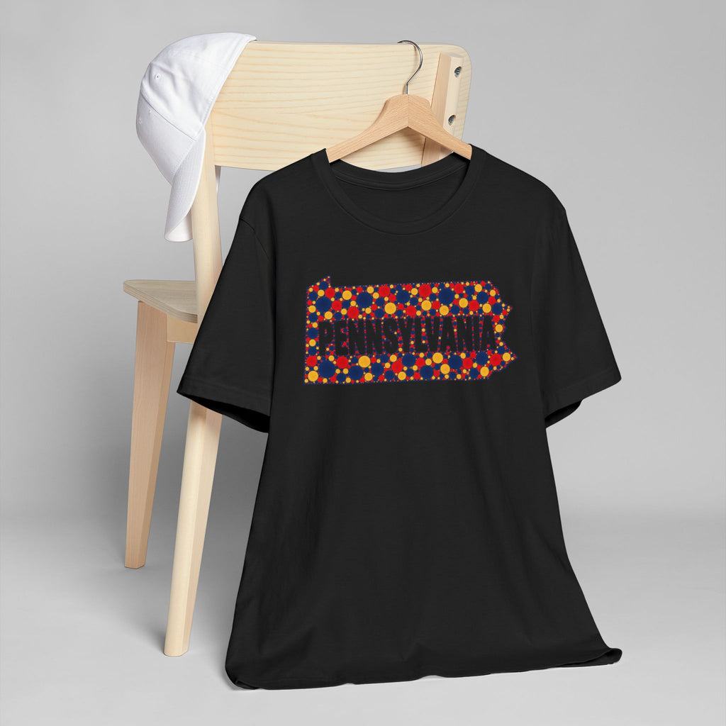 Black crewneck T-shirt with colorful Pennsylvania floral map graphic on the front
