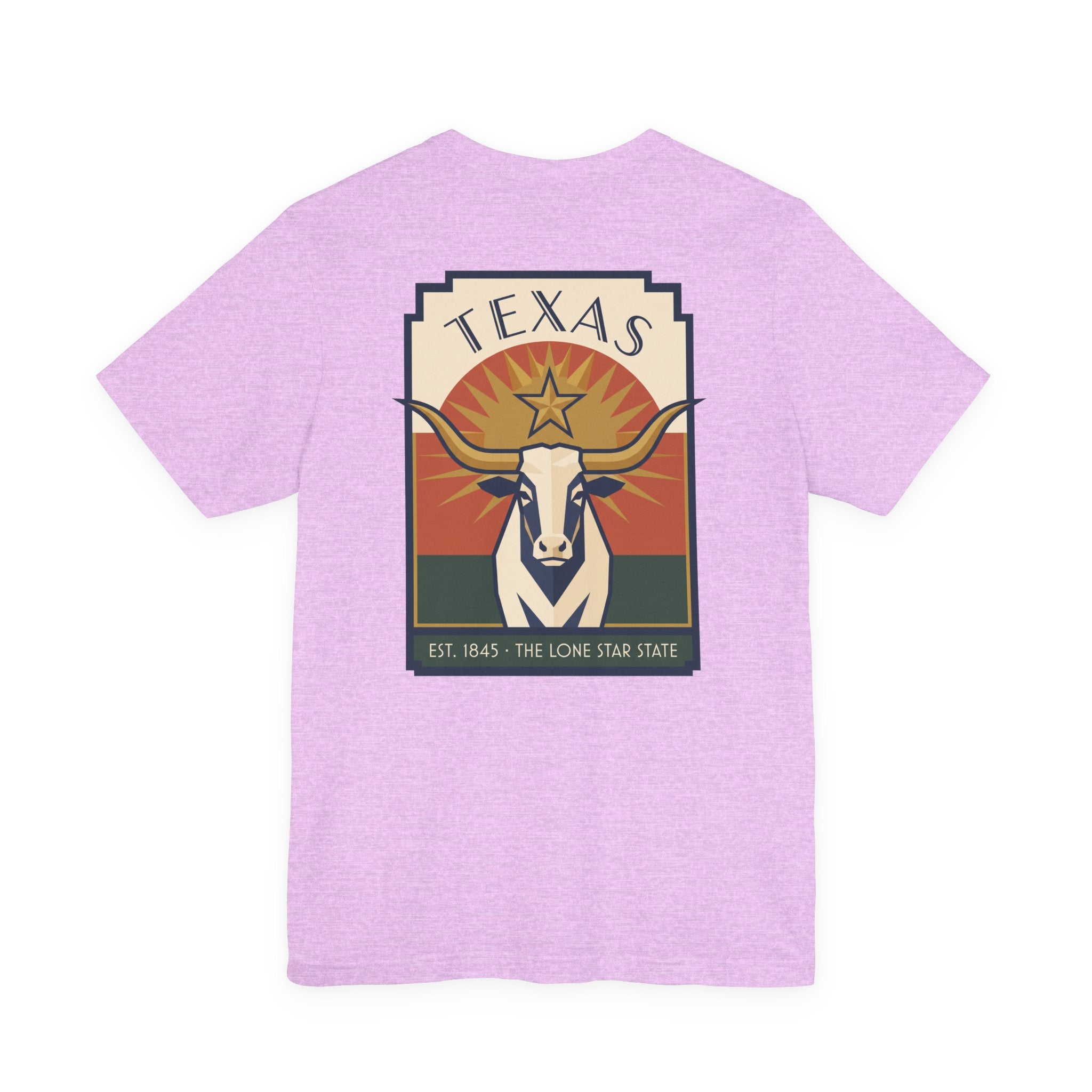 Lavender T-shirt with retro Texas graphic, longhorn head and star logo in square frame