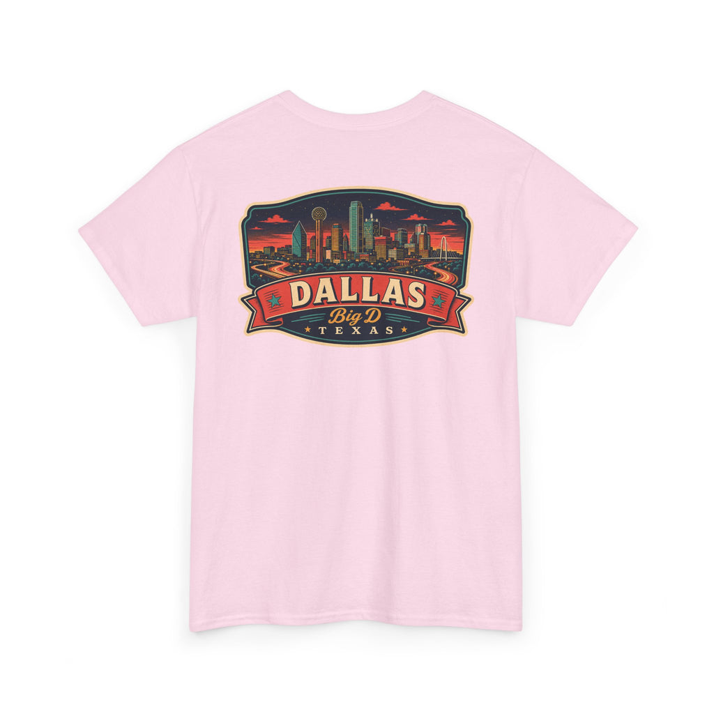 Light pink crewneck T-shirt with Dallas skyline luggage tag graphic on chest