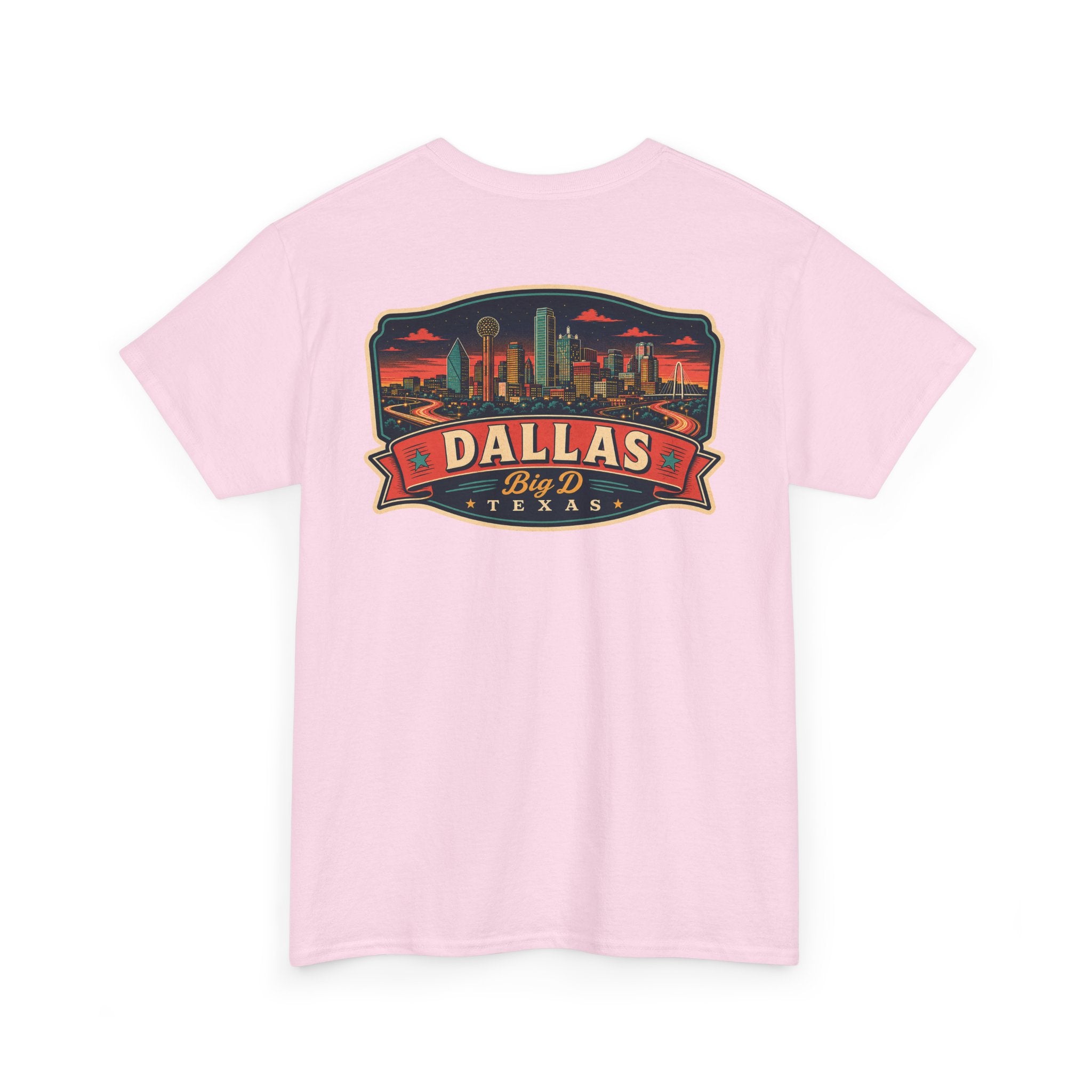 Light pink crewneck T-shirt with Dallas skyline luggage tag graphic on chest