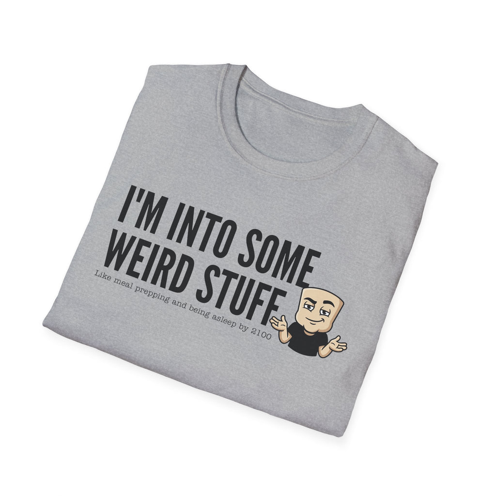 Heather gray T-shirt with weird stuff slogan and character graphic
