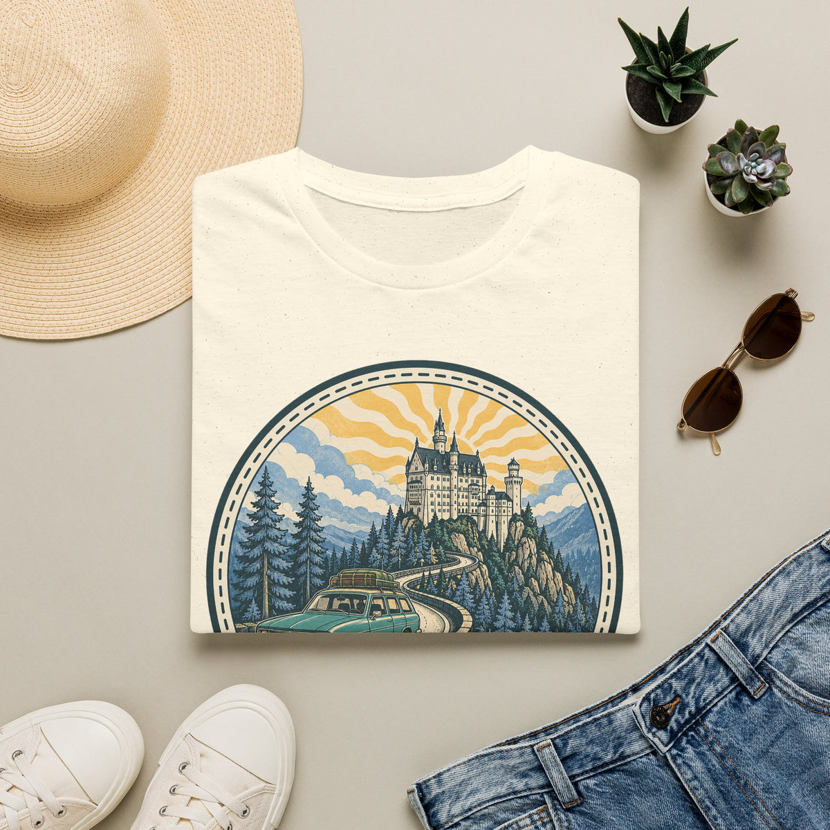 White T-shirt with circular castle landscape illustration graphic