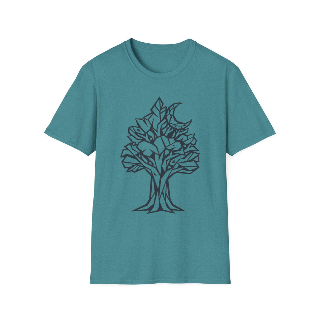 Teal T-shirt with geometric tree moon botanical line art graphic on chest