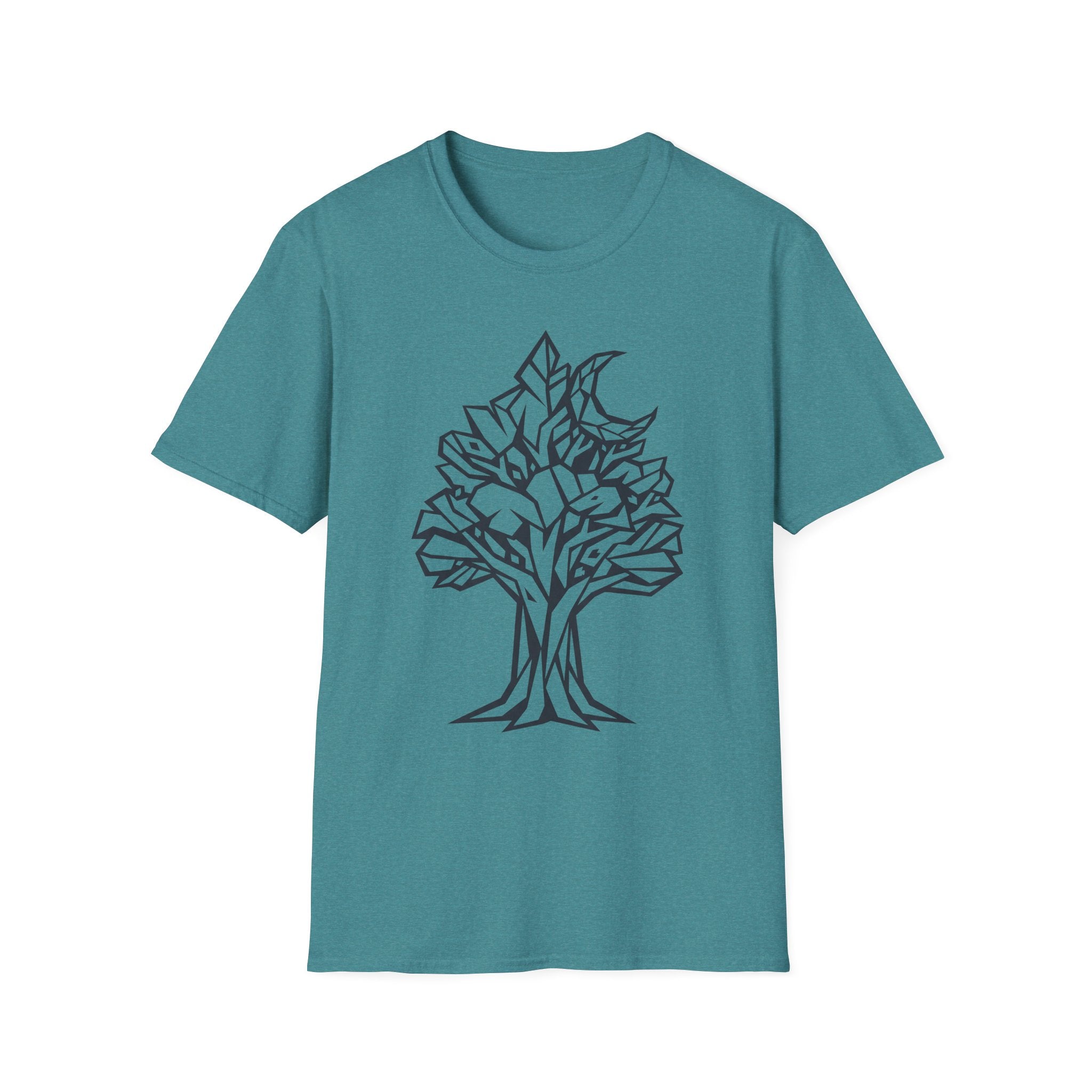 Teal T-shirt with geometric tree moon botanical line art graphic on chest
