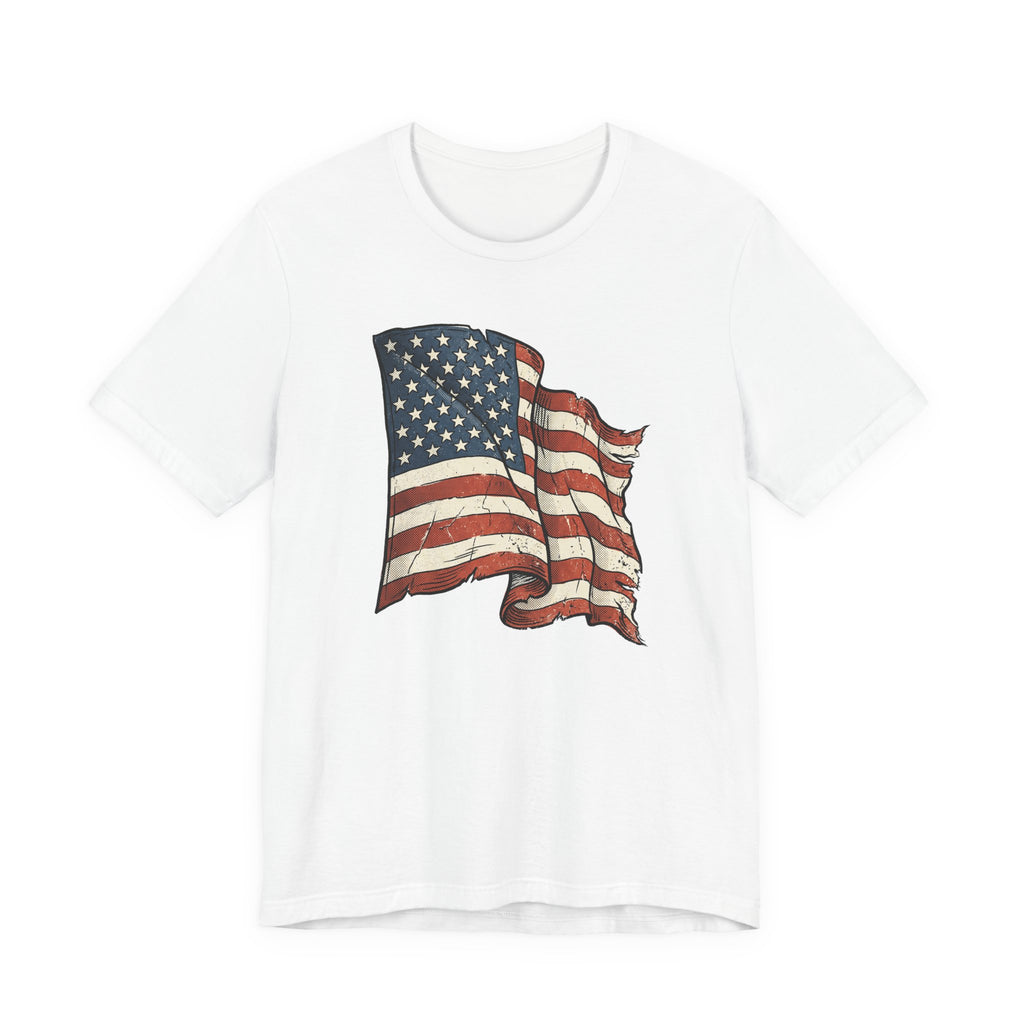 White crew-neck T-shirt with distressed waving American flag graphic