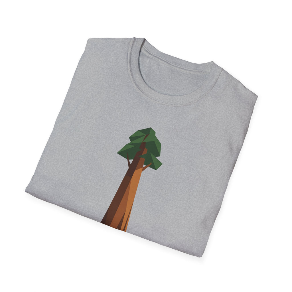 Sport Grey T-shirt with geometric redwood tree graphic, low-poly style