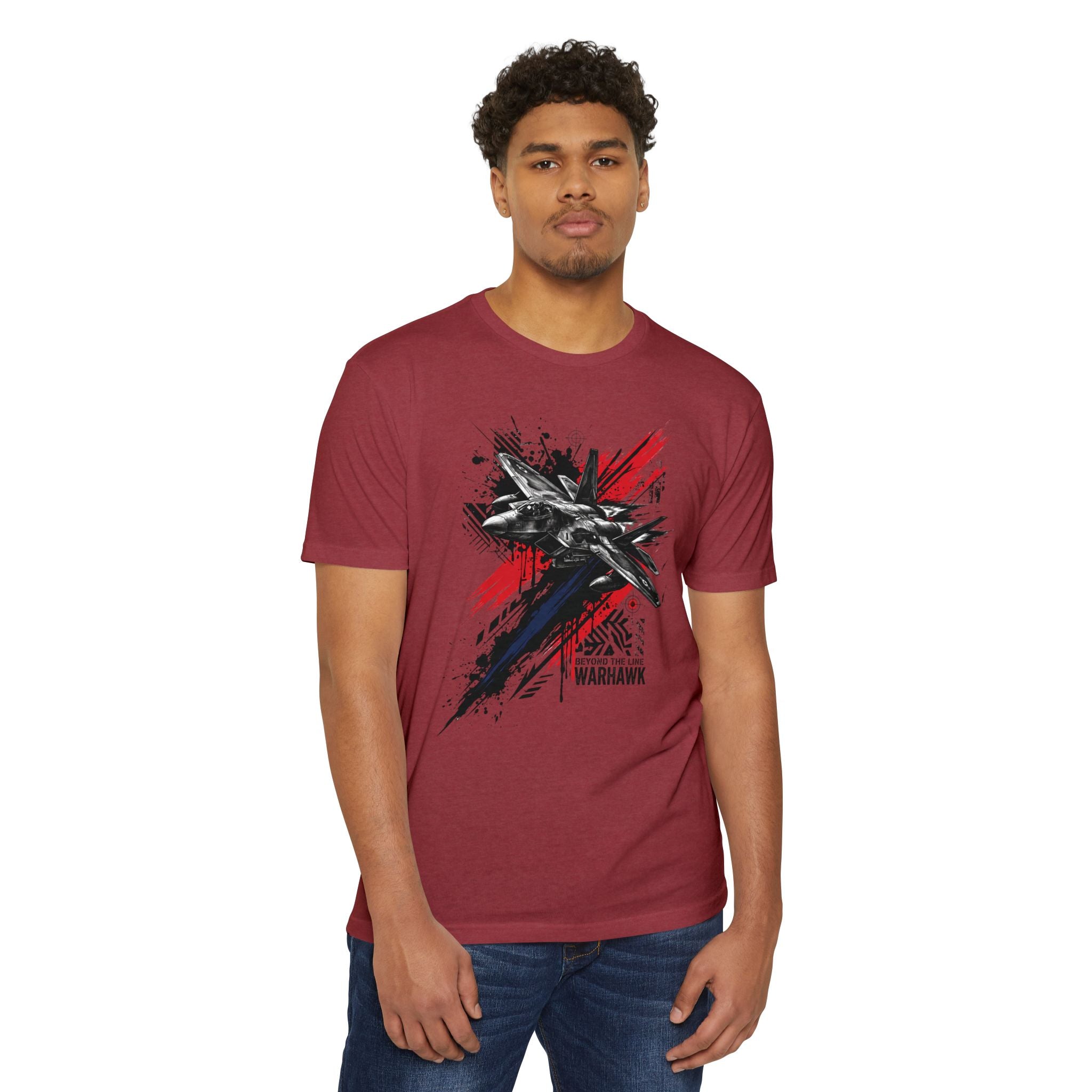 Maroon crewneck T-shirt with fighter jet graffiti graphic, black and red
