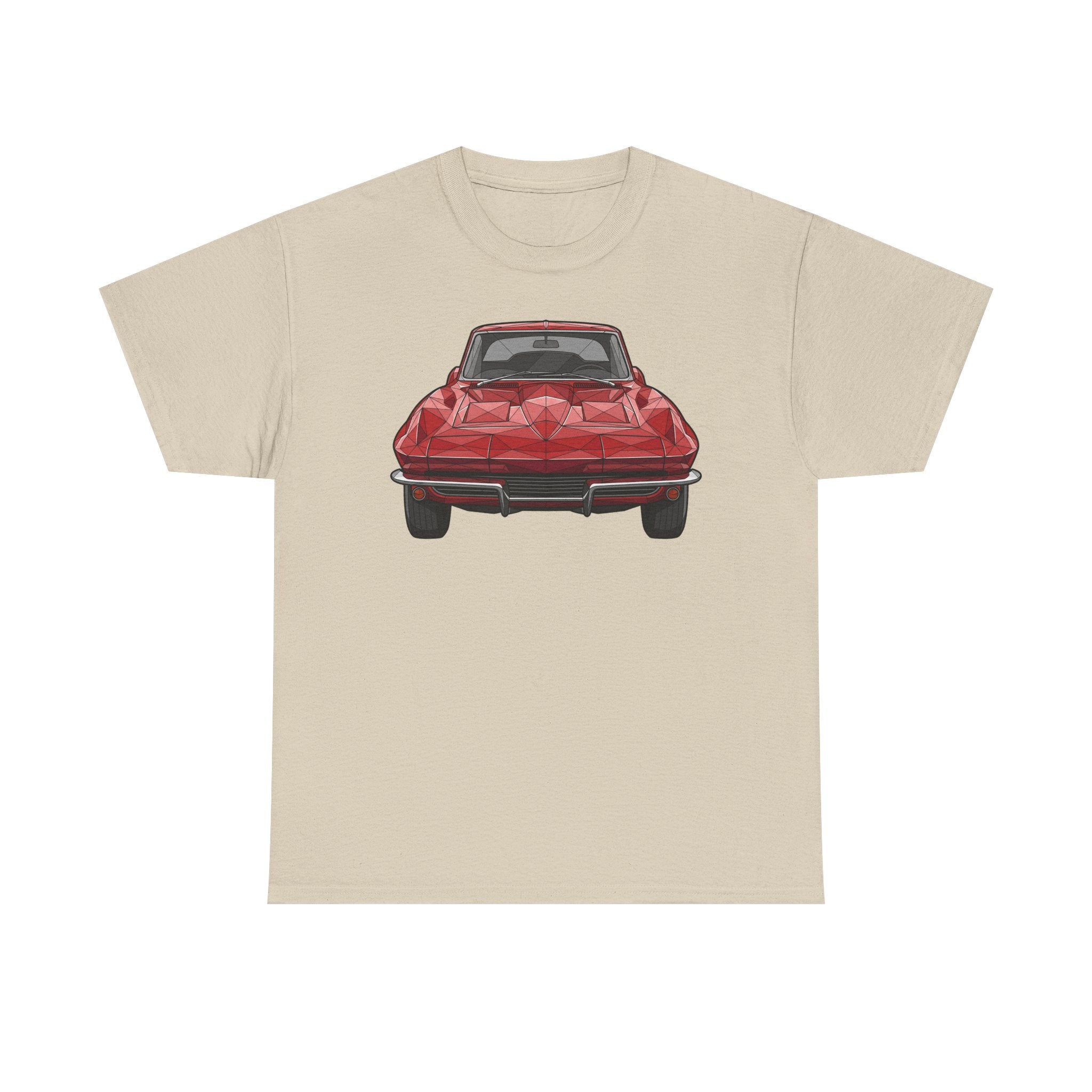 Sand T-shirt with red retro sports coupe graphic on the chest