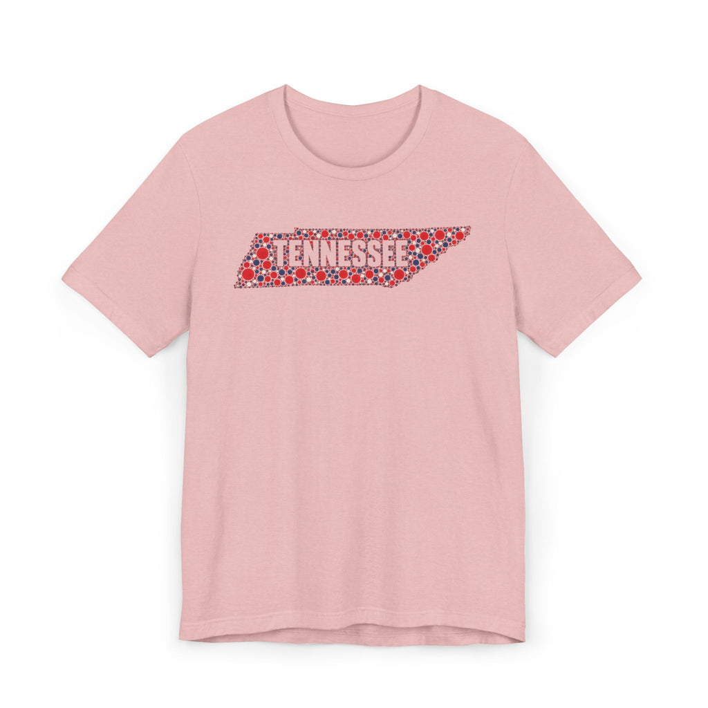 Dusty pink t-shirt with colorful floral Tennessee state outline graphic across chest