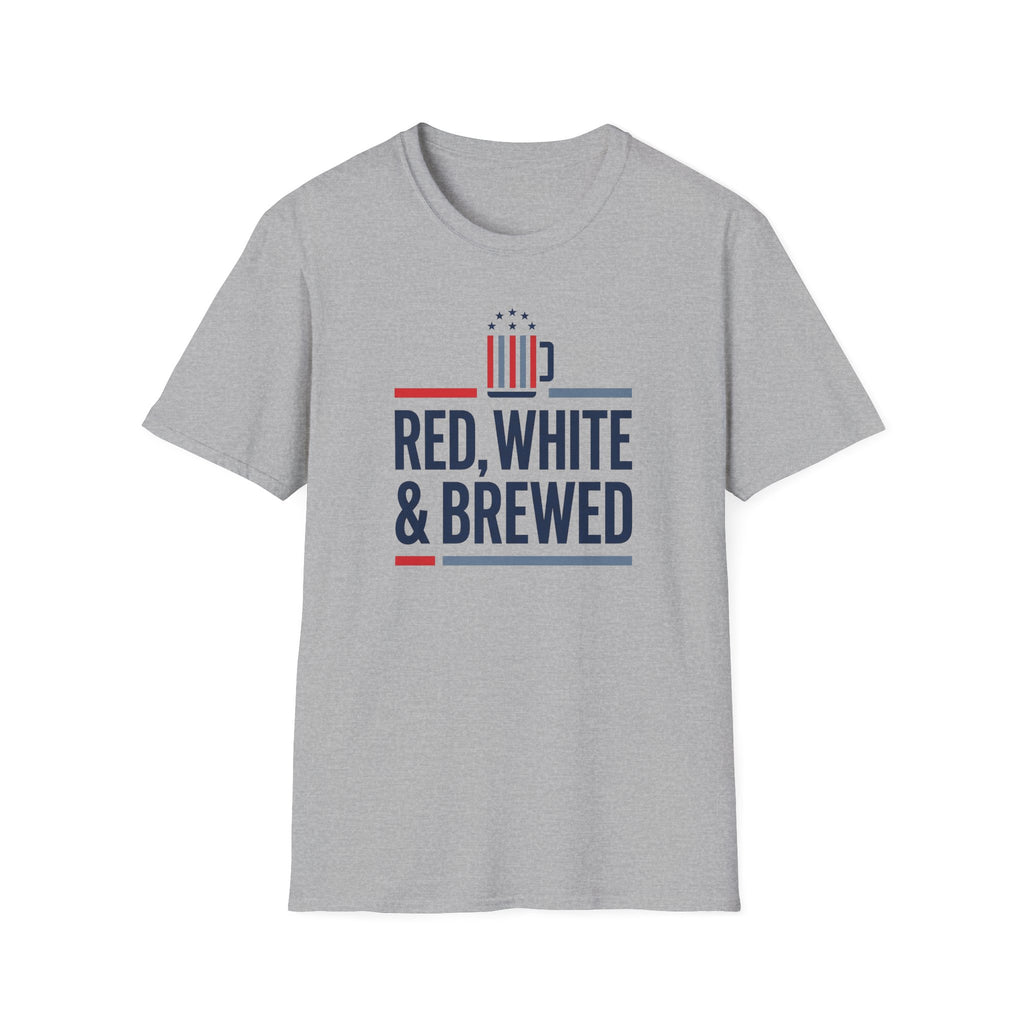 Gray T-shirt with front graphic and text RED, WHITE & BREWED