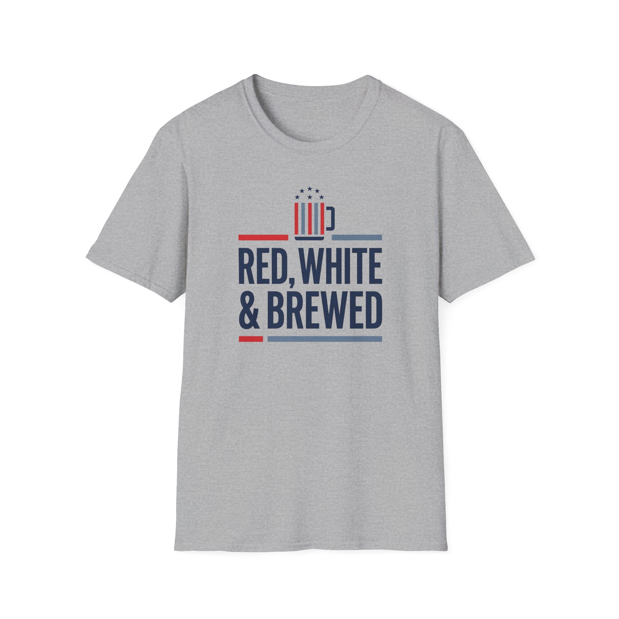 Gray T-shirt with front graphic and text RED, WHITE & BREWED