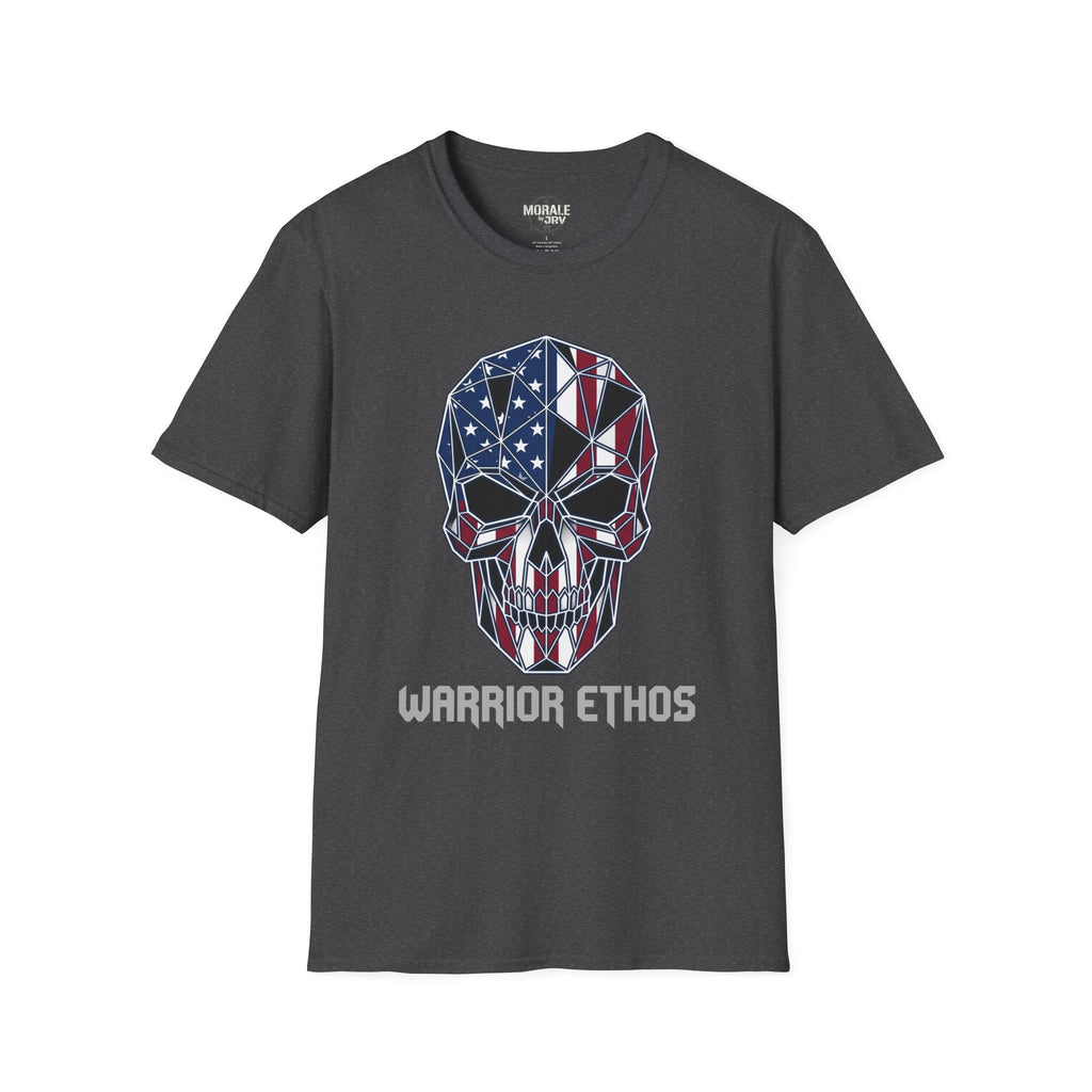 American Flag Skull Warrior Ethos T-Shirt, dark heather with patriotic skull graphic
