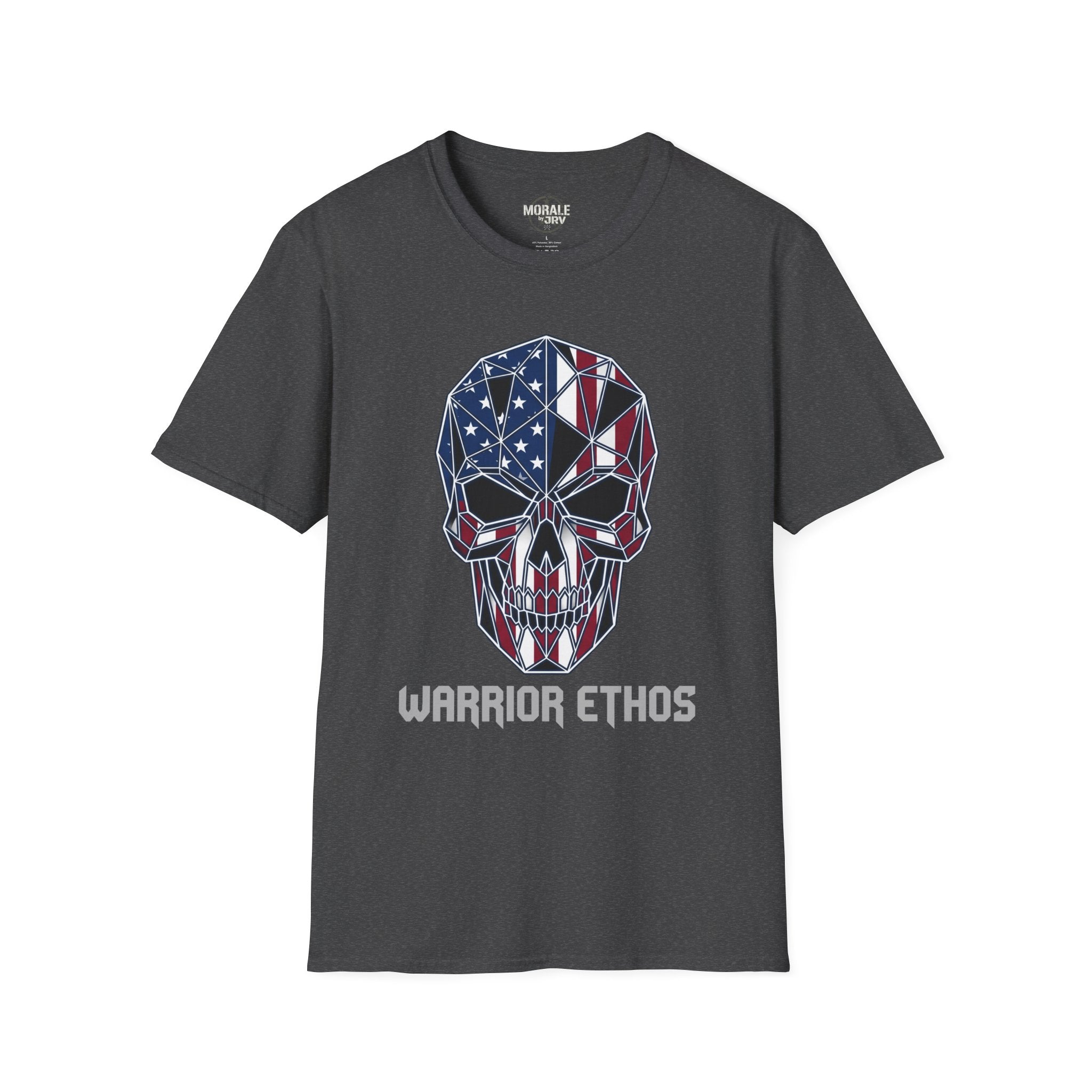 American Flag Skull Warrior Ethos T-Shirt, dark heather with patriotic skull graphic