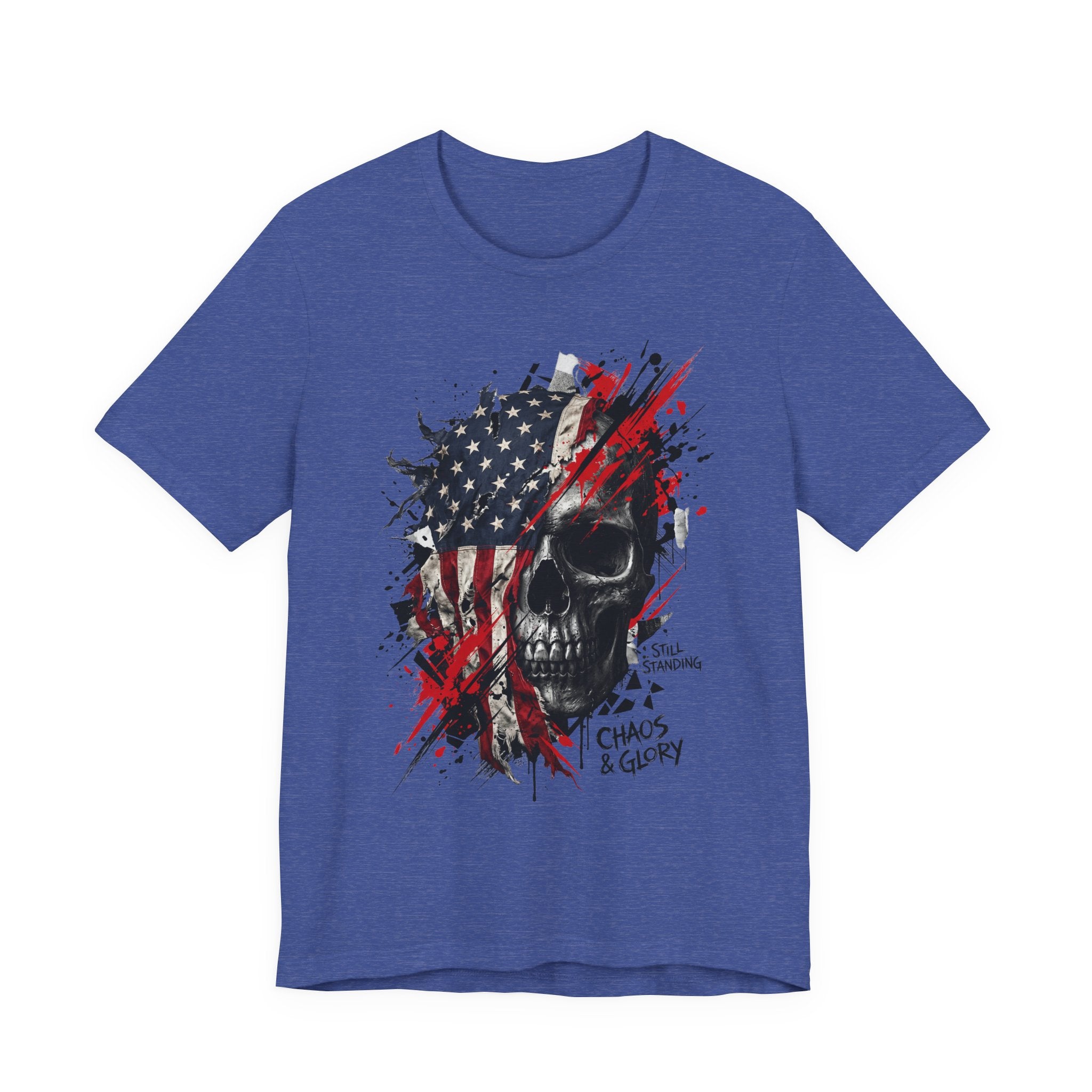 Royal blue skull graphic T-shirt with American flag panel, red splatter, Chaos & Glory print