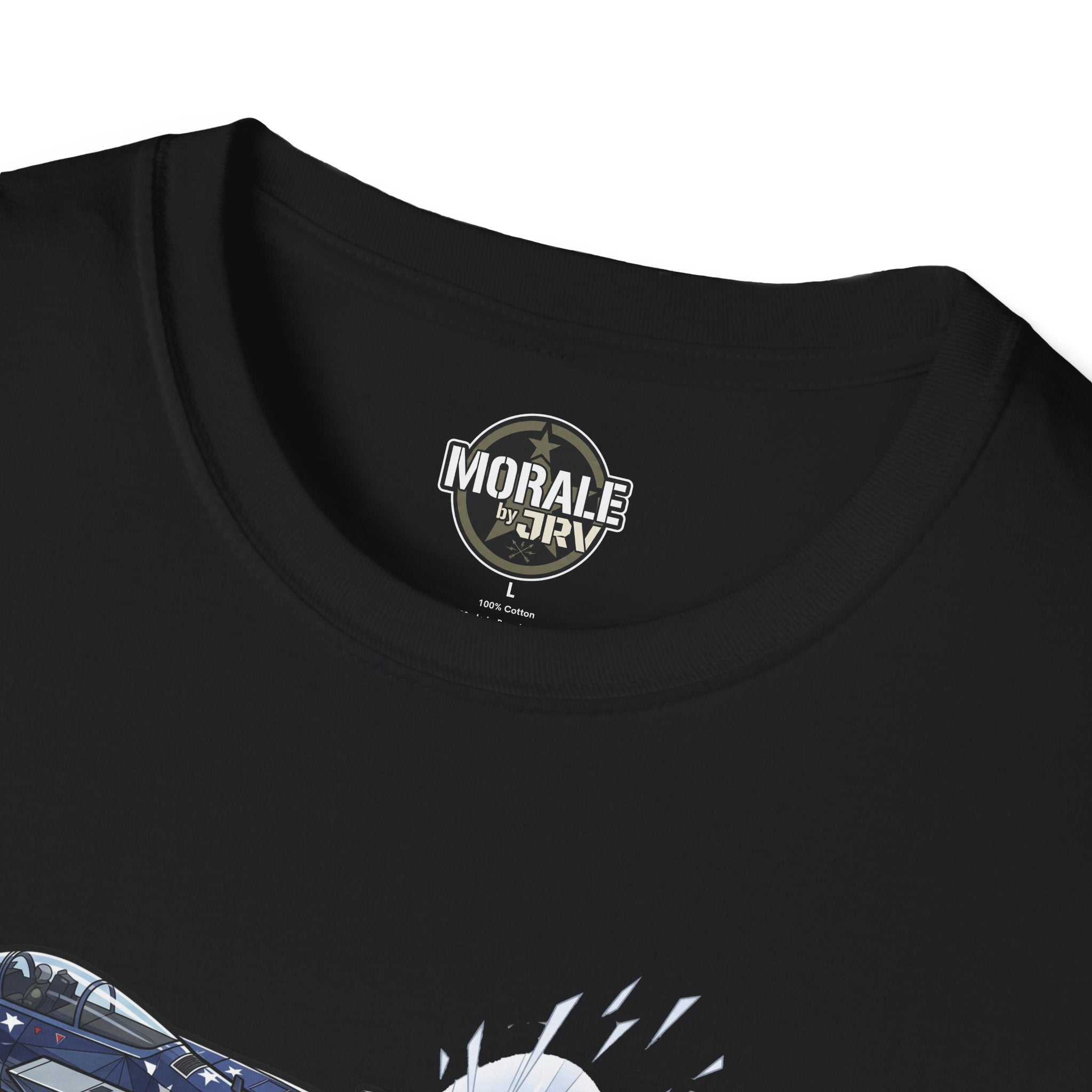 Black T-shirt neckline logo with partial fighter jet American flag print