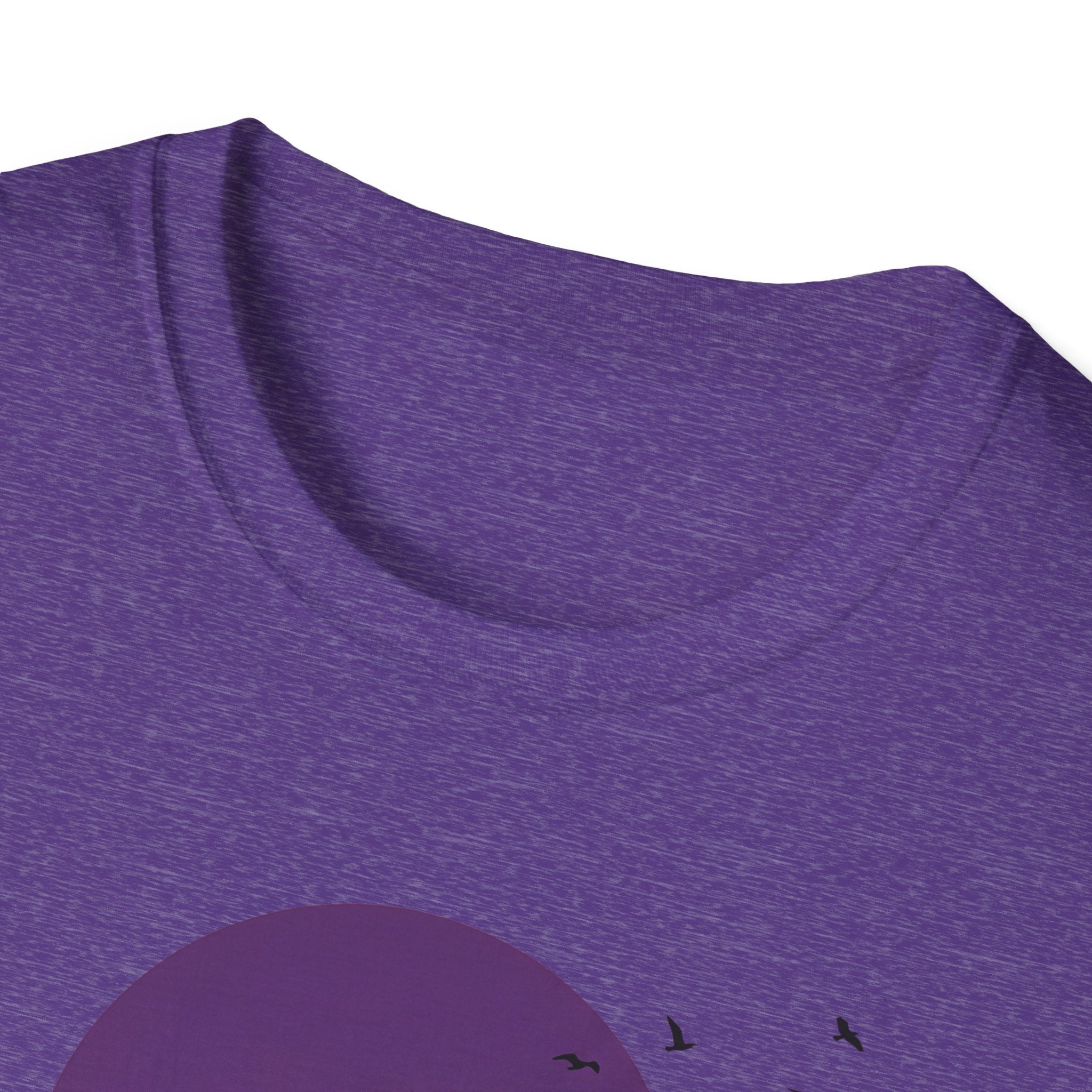 Purple T-shirt neckline with partial graphic showing purple moon and birds