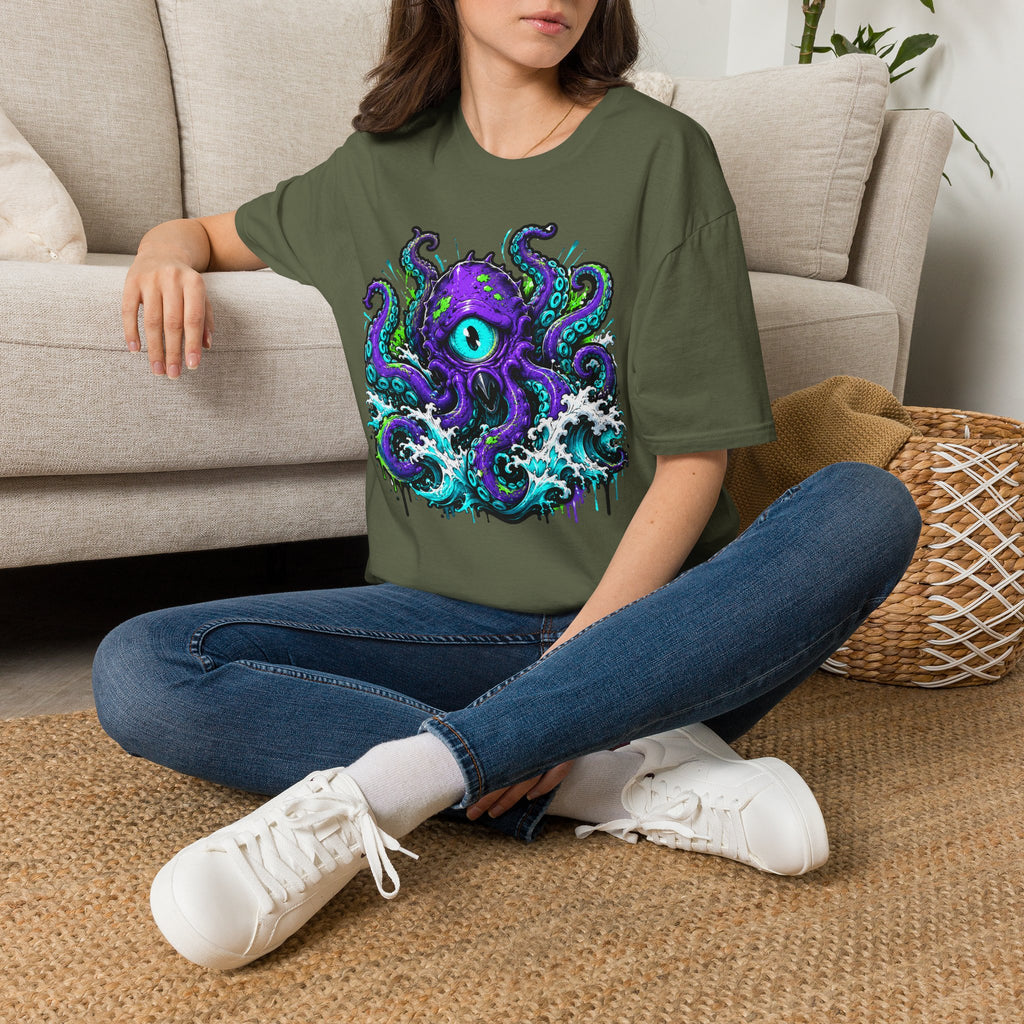 Olive crew-neck short-sleeve T-shirt with purple octopus eye graphic