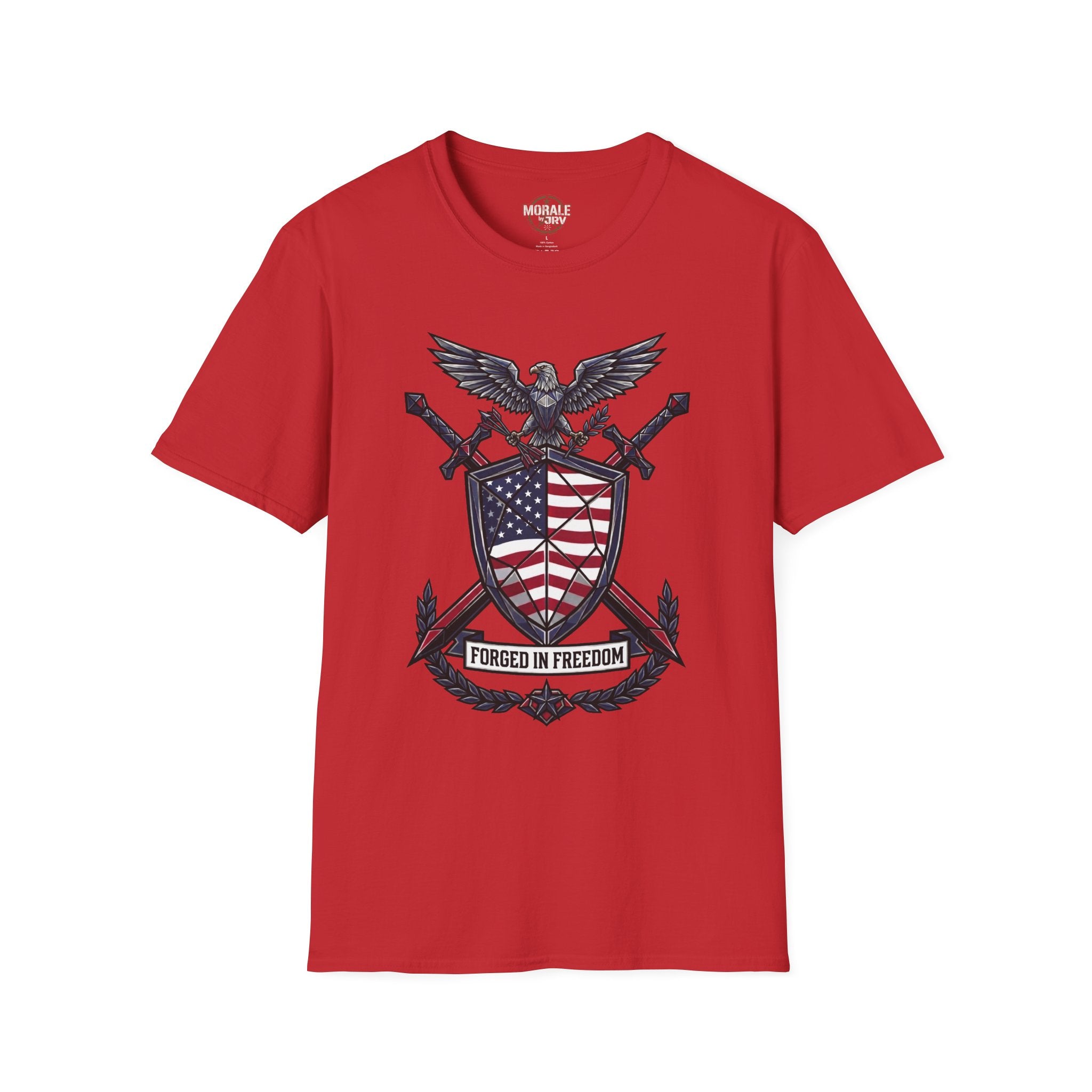 Patriotic red-white-blue graphic T-shirt on red, front eagle shield design