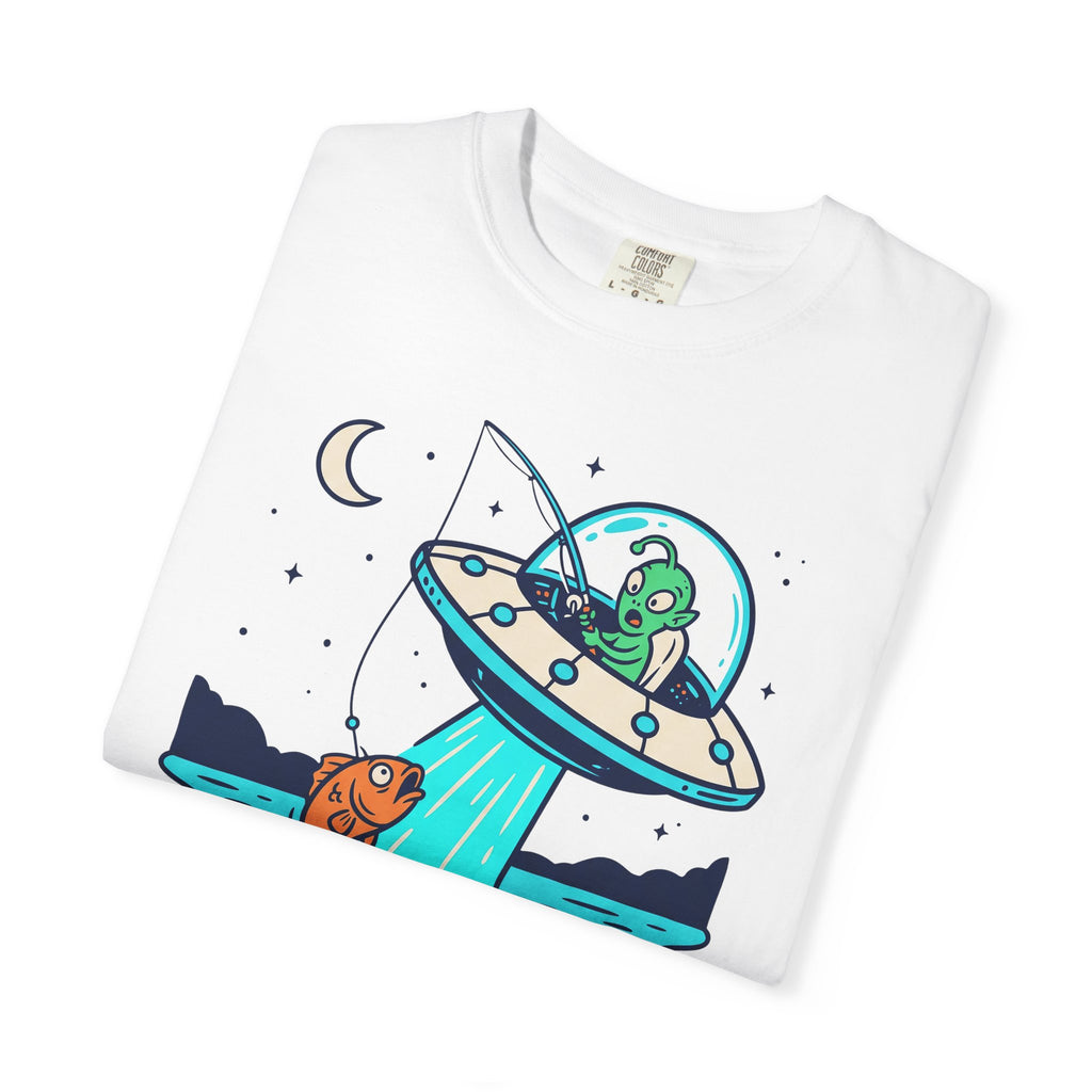 White T-shirt front with alien fishing UFO graphic and moon-and-stars details