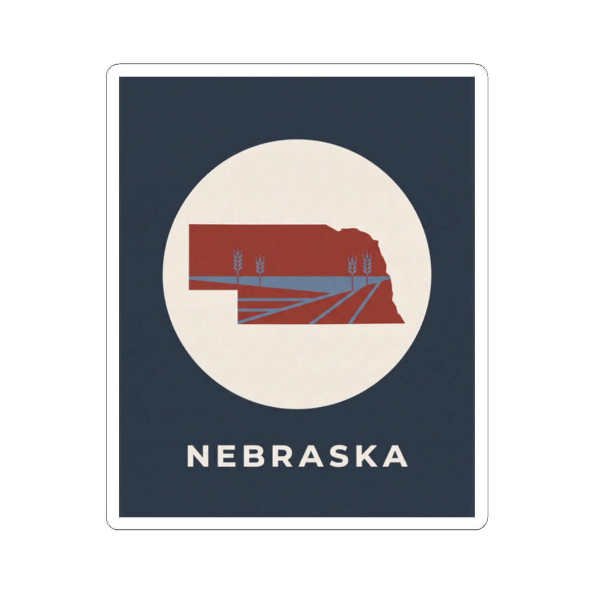 Nebraska sticker showing red Nebraska silhouette with farmland lines and “NEBRASKA” below
