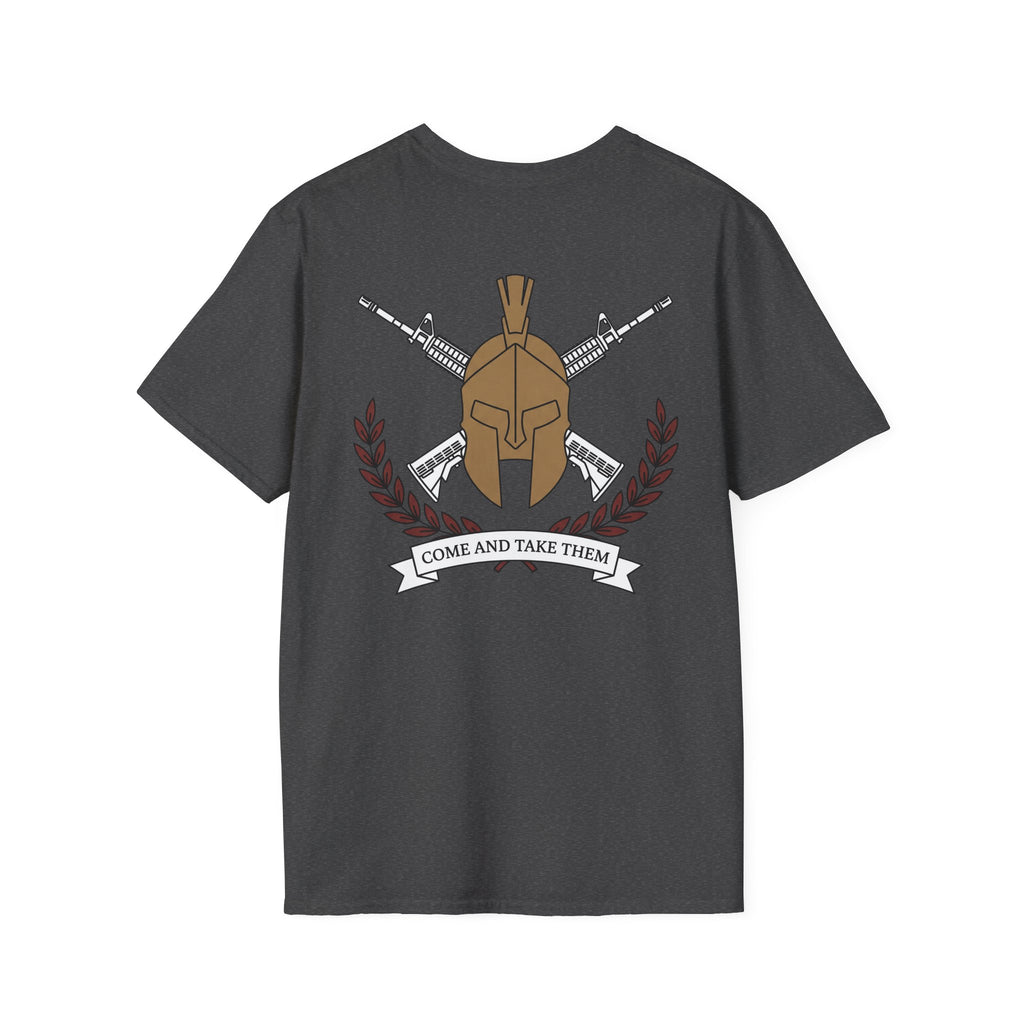 Graphic T-shirt in dark gray with helmet-and-rifles back print and banner text.