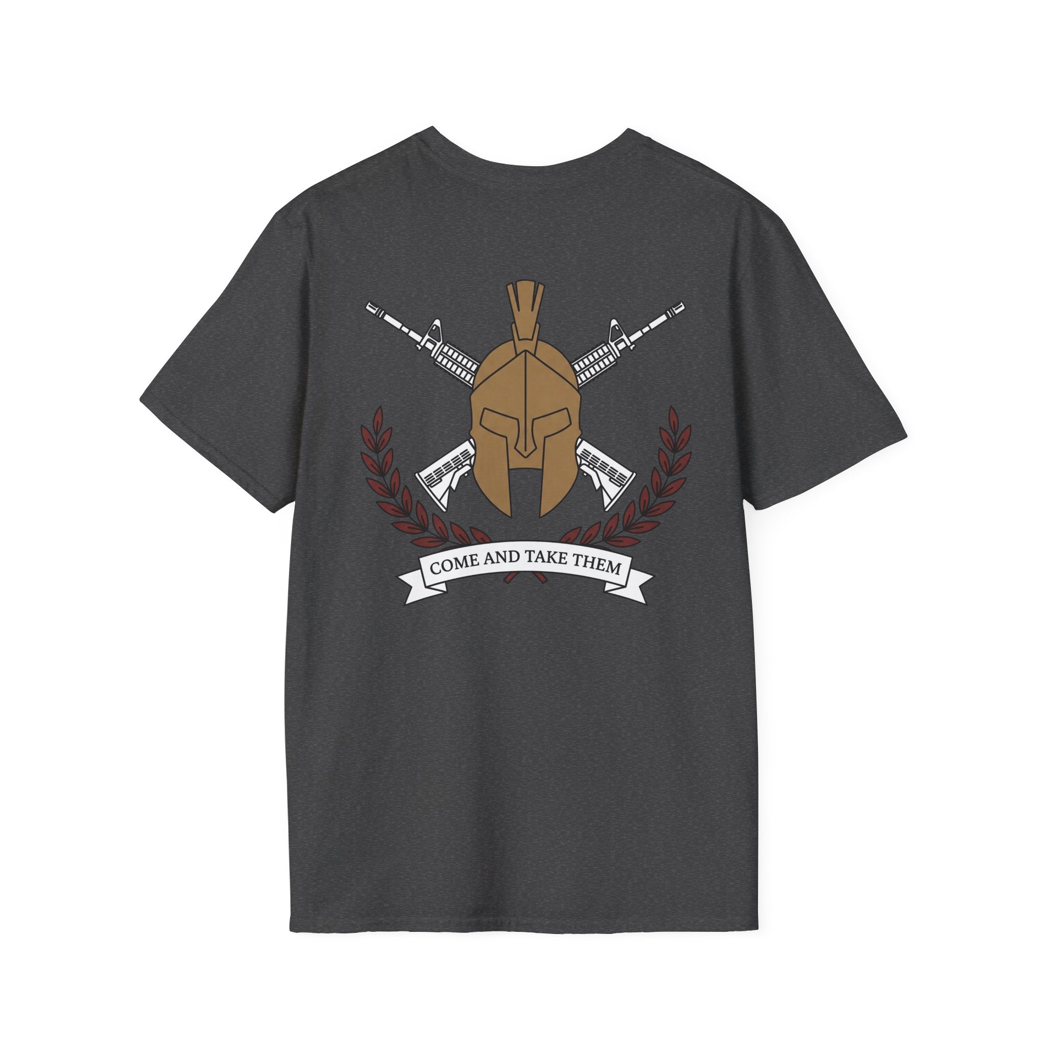 Graphic T-shirt in dark gray with helmet-and-rifles back print and banner text.