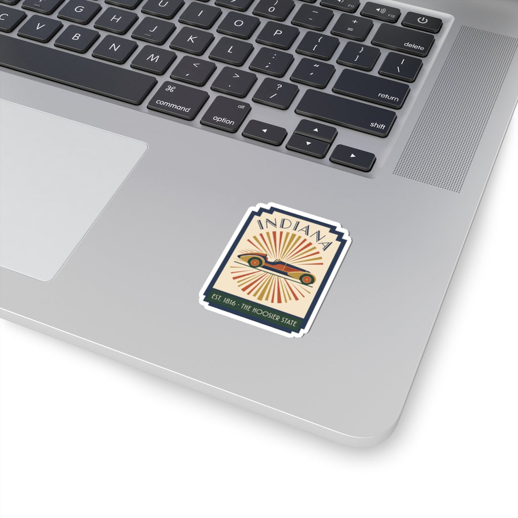 Indiana racecar sticker with art deco car graphic, Est 1816, white border