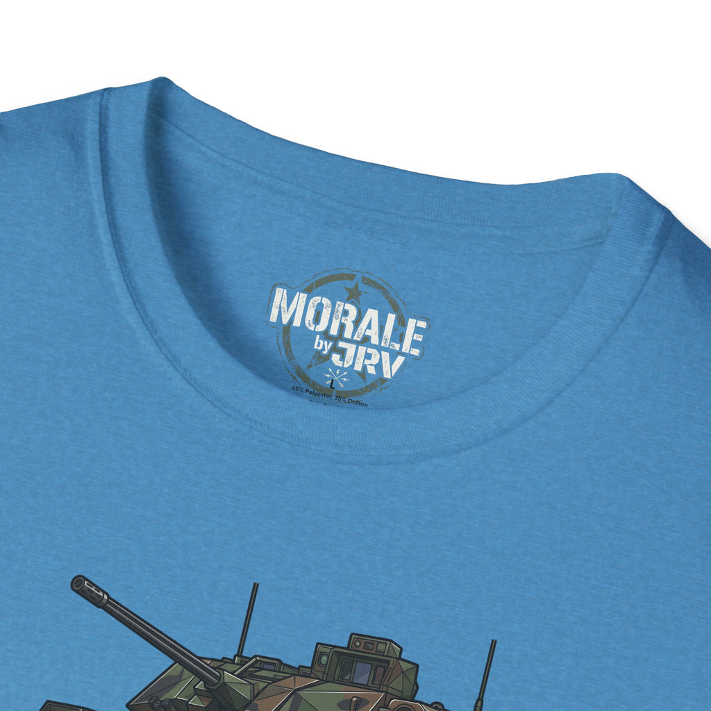 Bradley Fighting Vehicle camo tank T-shirt, small logo at neck on blue