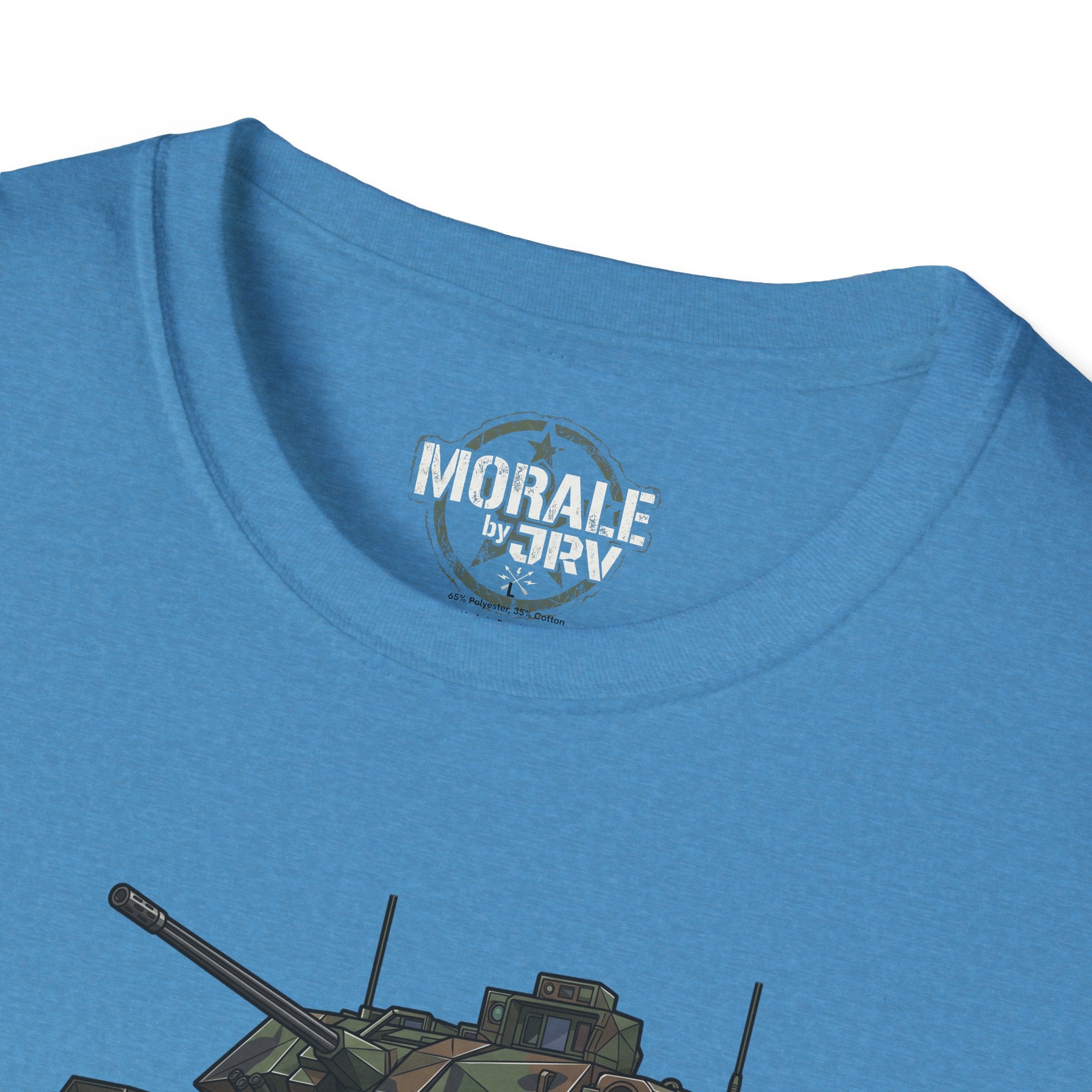 Bradley Fighting Vehicle camo tank T-shirt, small logo at neck on blue