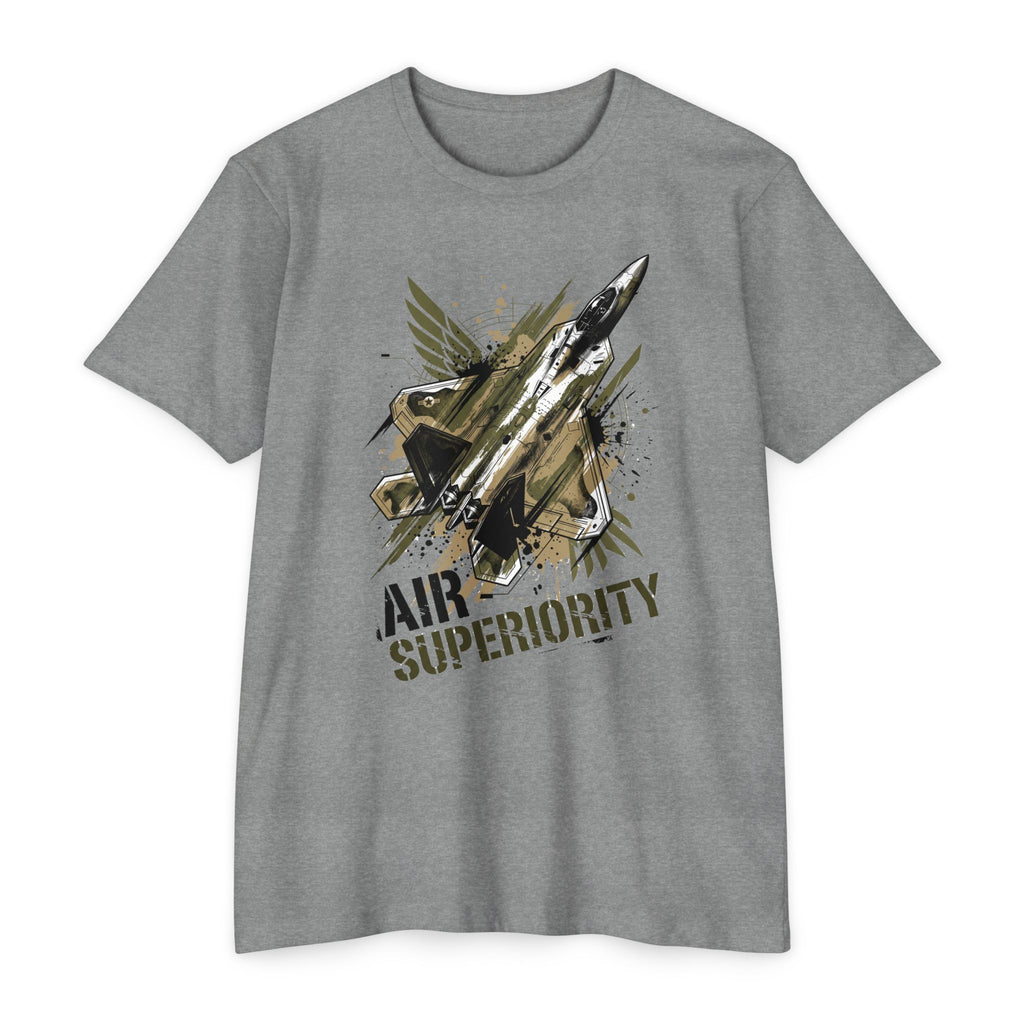 Heather gray crewneck T-shirt with jet 'AIR SUPERIORITY' graphic.