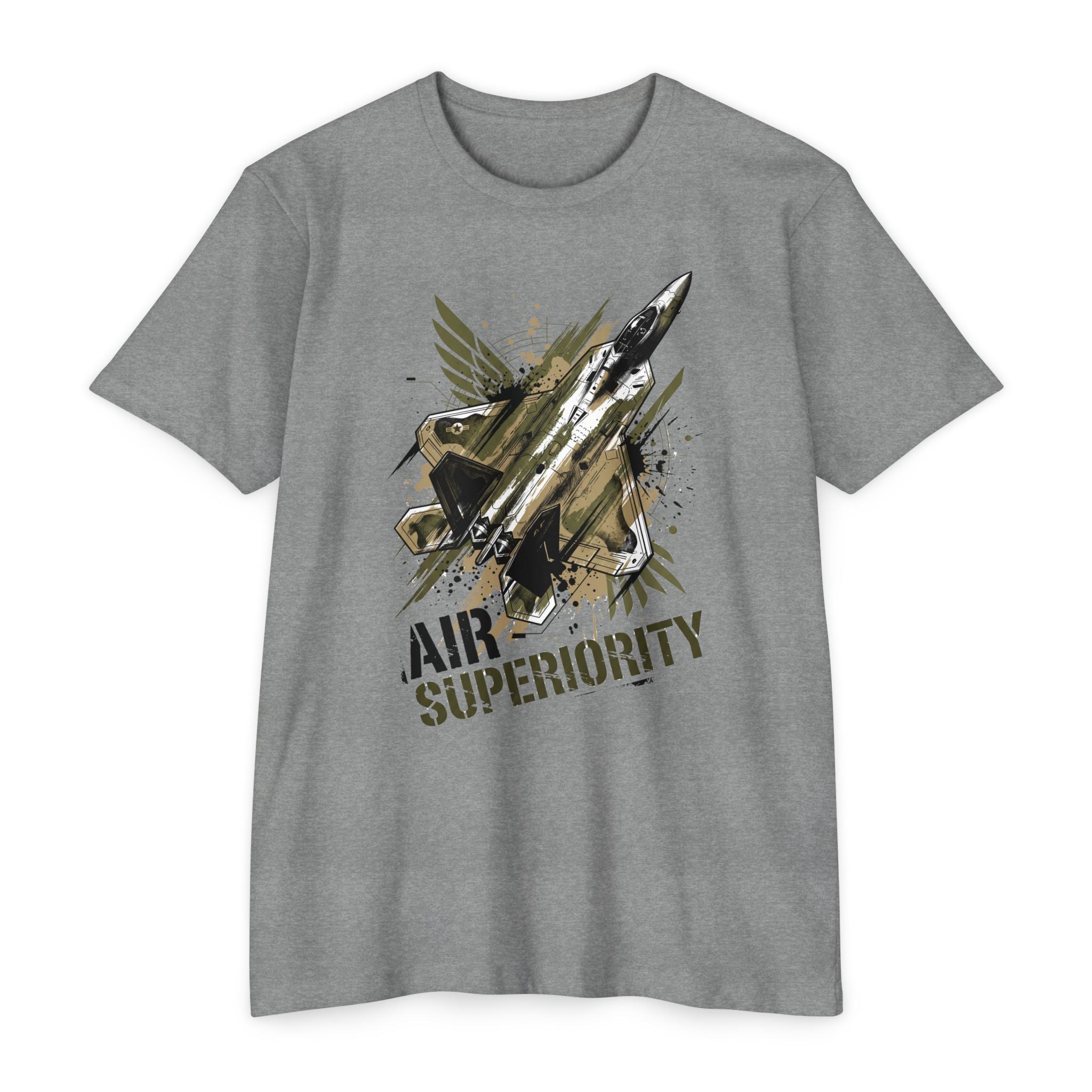 Heather gray crewneck T-shirt with jet 'AIR SUPERIORITY' graphic.