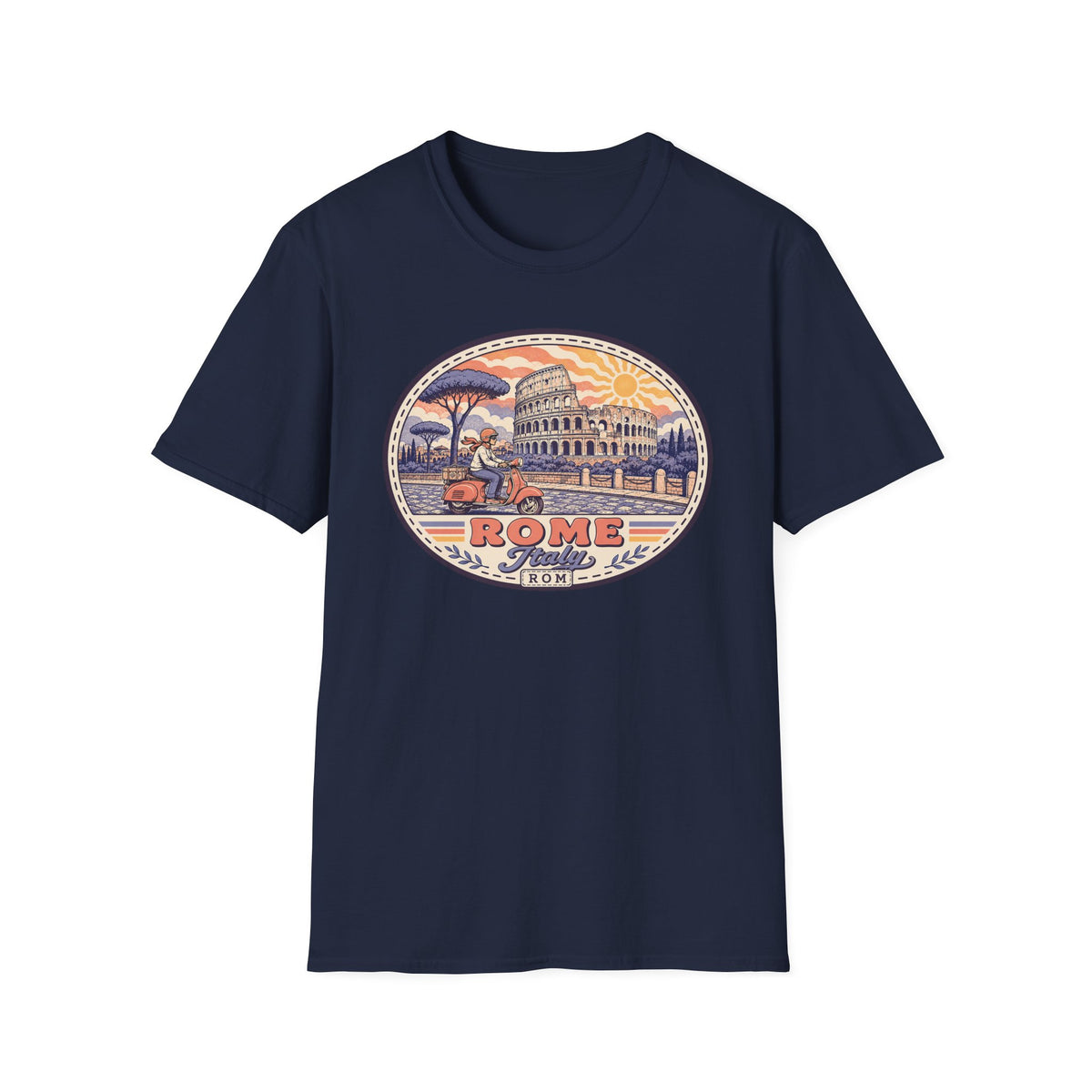 Navy short-sleeve T-shirt with Rome scooter illustration graphic