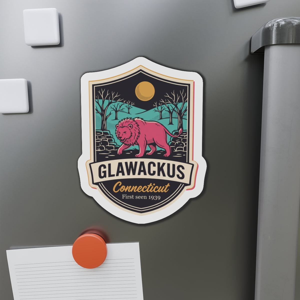 Die-cut lion crest magnet with shield badge, GLAWACKUS name and Connecticut ribbon