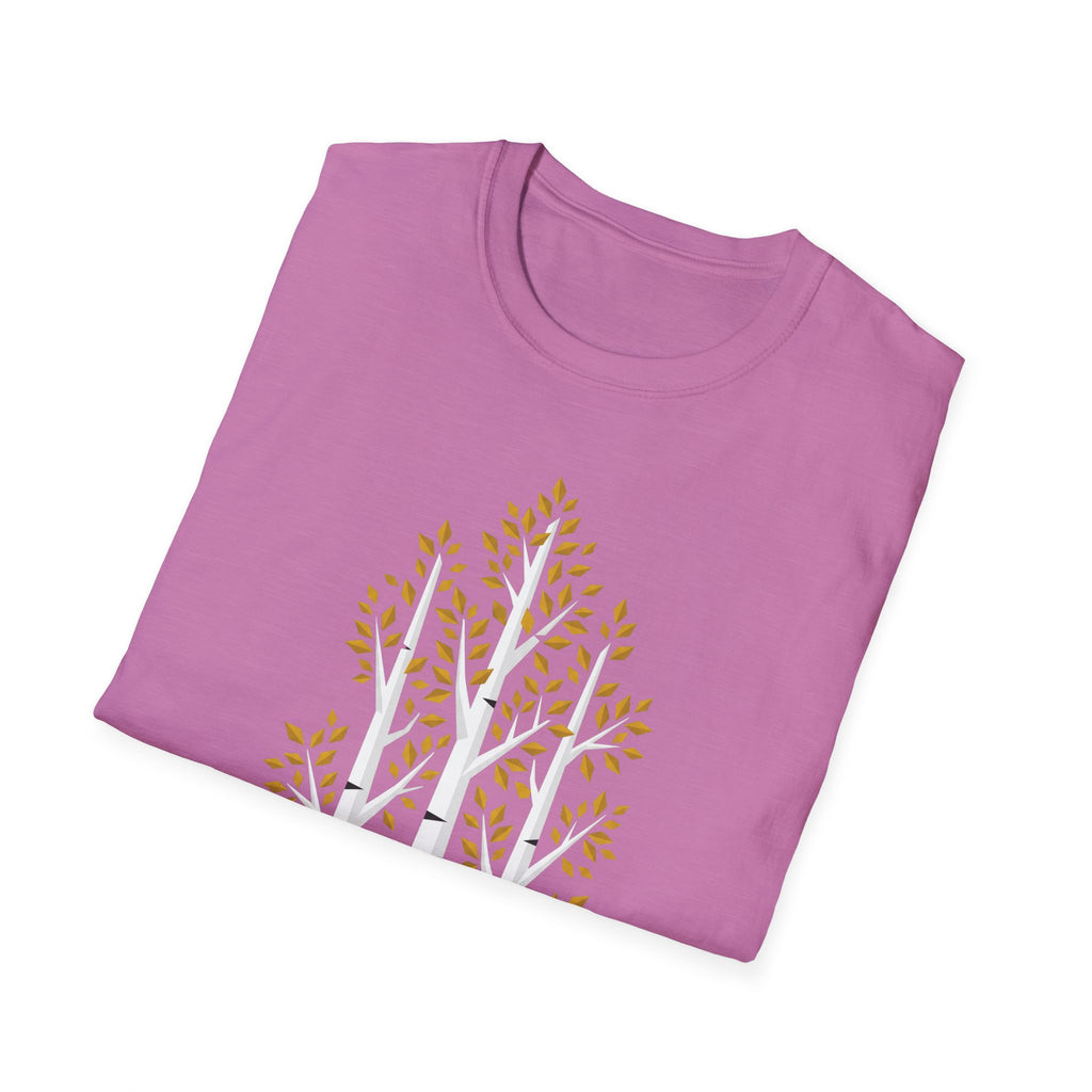 Pink T-shirt front with minimalist birch tree and autumn leaf graphic