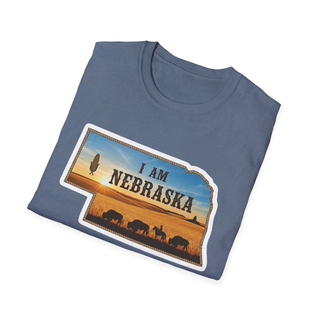Heather blue T-shirt with Nebraska sunset “I Am Nebraska” graphic