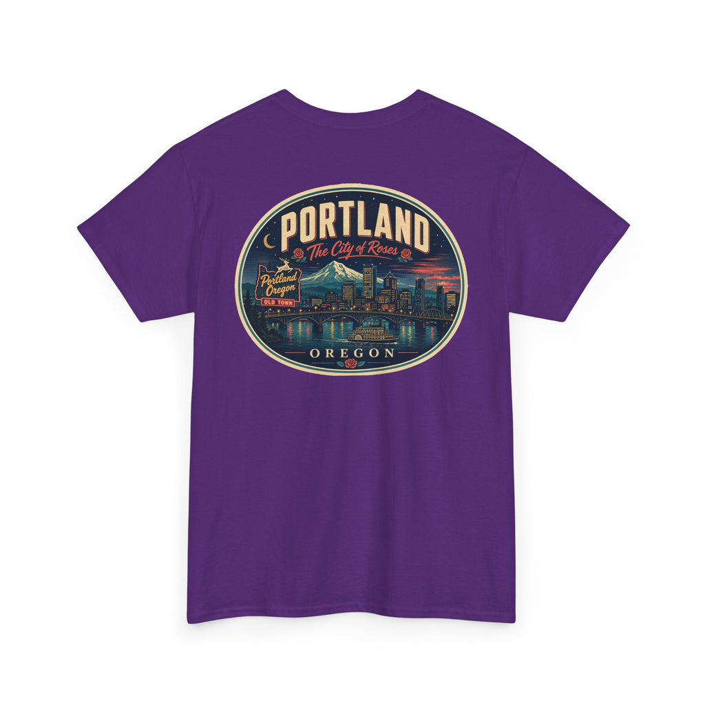 Purple T-shirt with Portland Oregon round skyline badge graphic