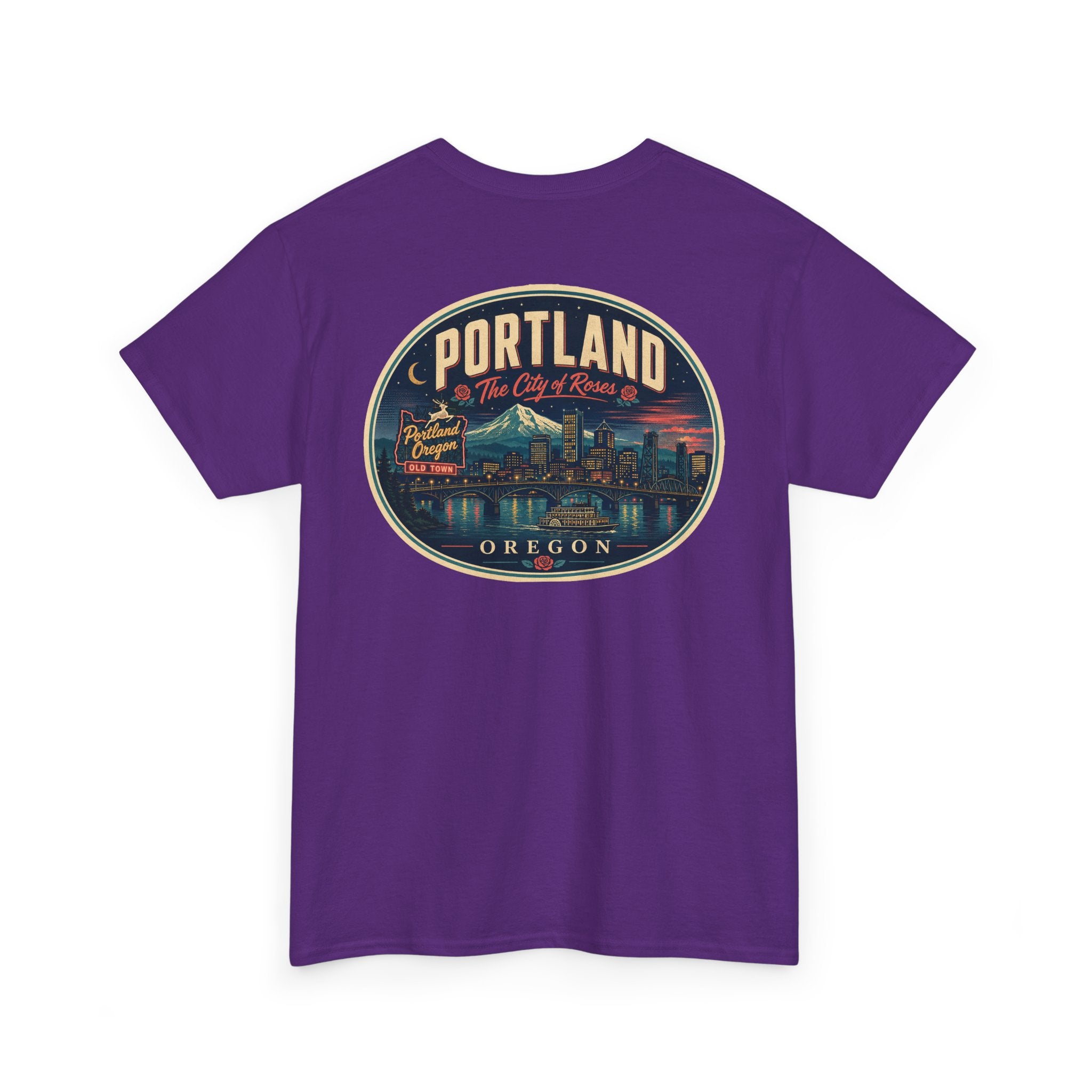 Purple T-shirt with Portland Oregon round skyline badge graphic