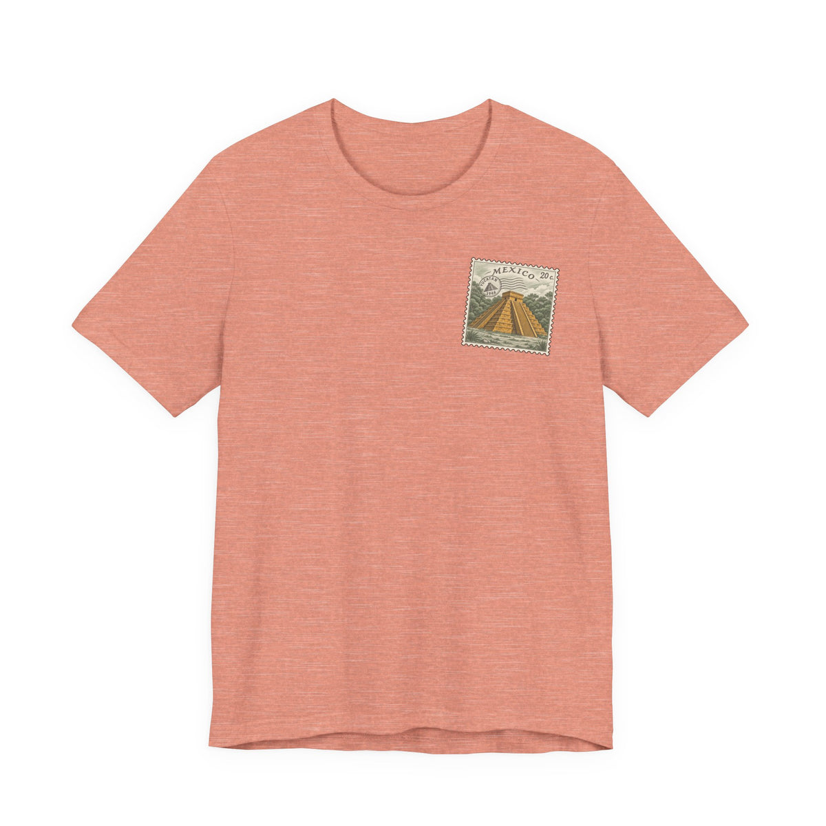 Coral t-shirt with small vintage-style Mexico stamp graphic on upper chest