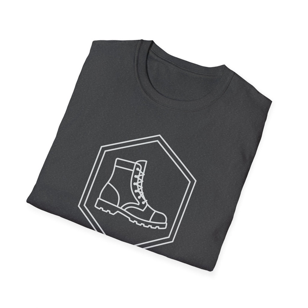 Black T-shirt with line-art military boot in hex badge graphic