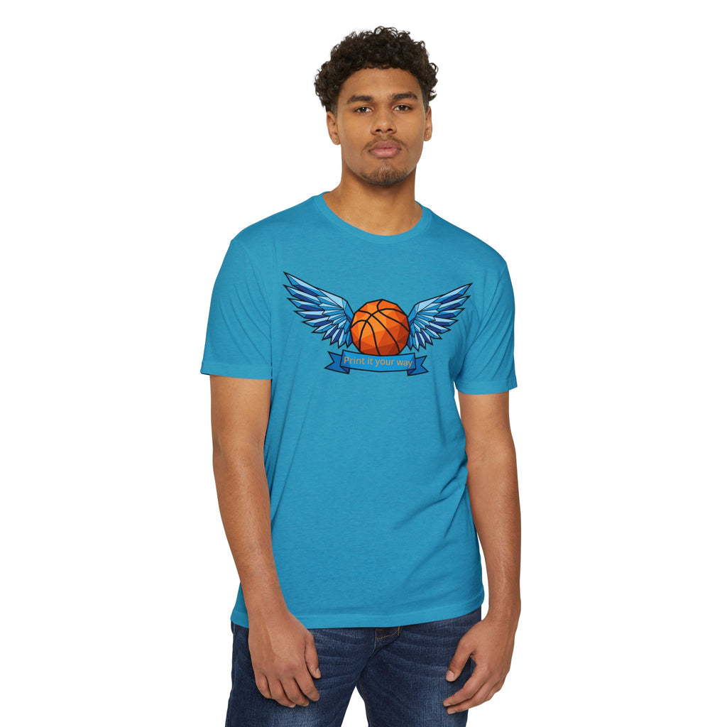 Blue basketball t-shirt with winged basketball graphic on the chest, crew neck