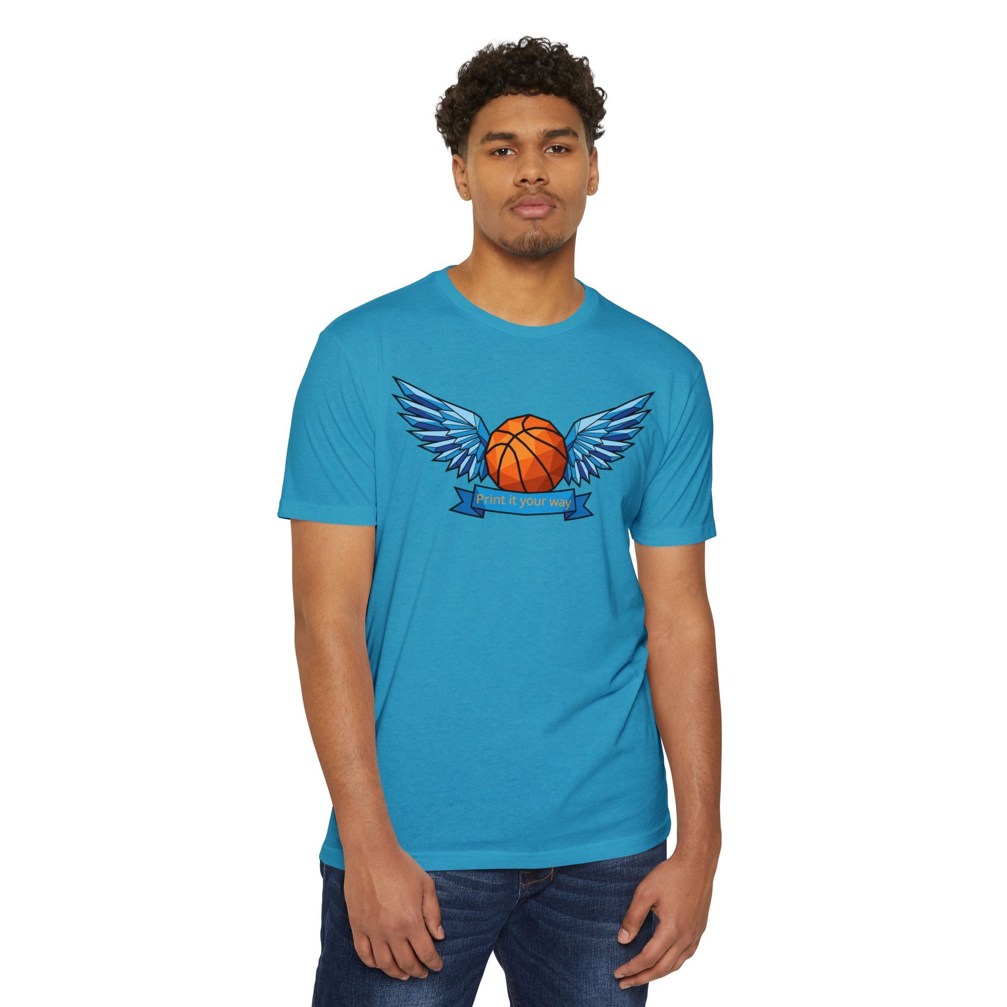 Blue basketball t-shirt with winged basketball graphic on the chest, crew neck