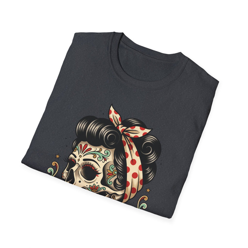 Charcoal t-shirt with colorful sugar skull pinup tattoo-style design
